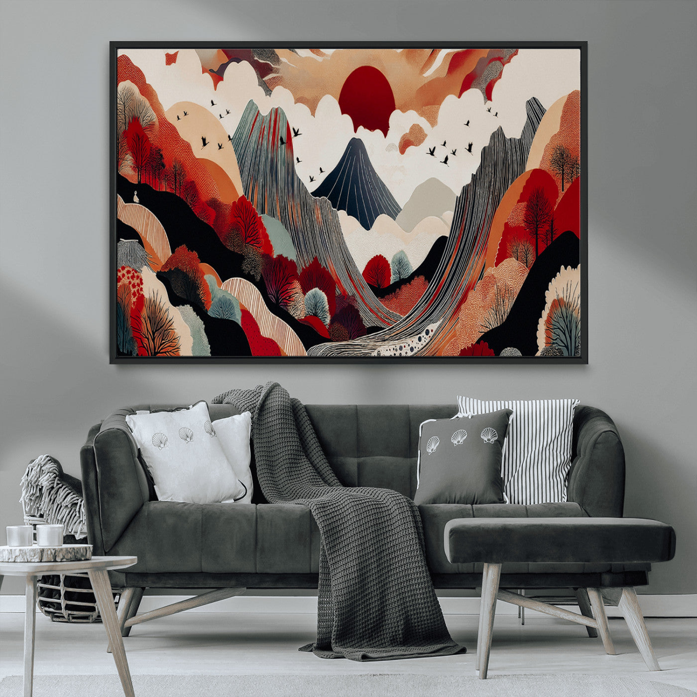 MGV-FC-36X24 - Abstract Mountain Wall Art Canvas Print, Framed Vibrant Landscape Art Picture Print, Stylized Nature Drawing Perfect Contemporary Minimalist Decor Artwork
