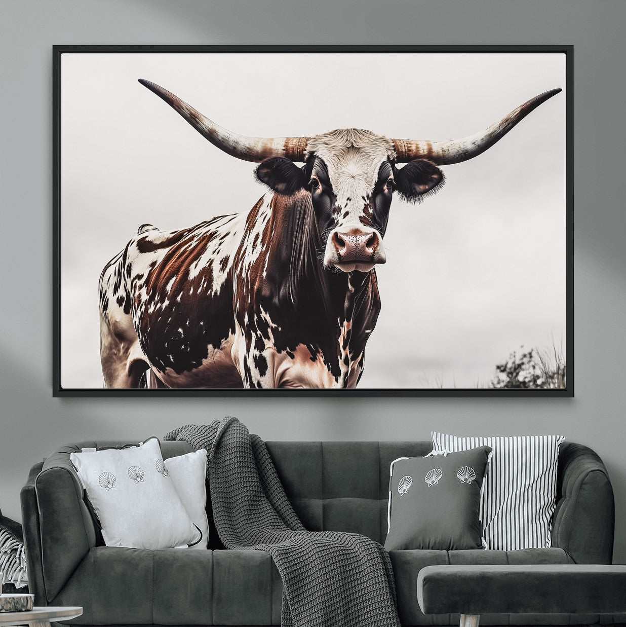 95249234-MGV-CV-36X24-Texas Longhorn Wall Art Canvas Print – Framed Spotted Bull Scene with Horned Cattle Artwork for Home, Office