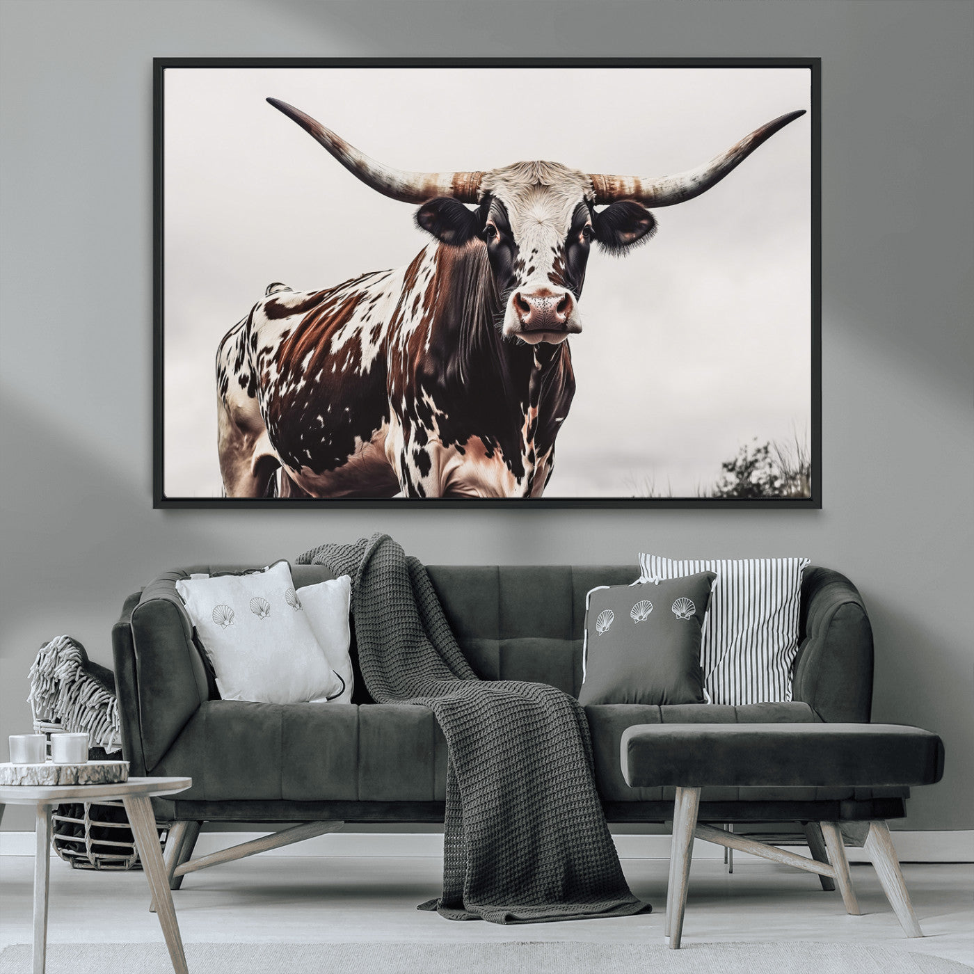 Close-up of a Texas Longhorn bull with powerful horns, perfect for rustic farmhouse or country-themed home decor. Ideal for animal lovers.