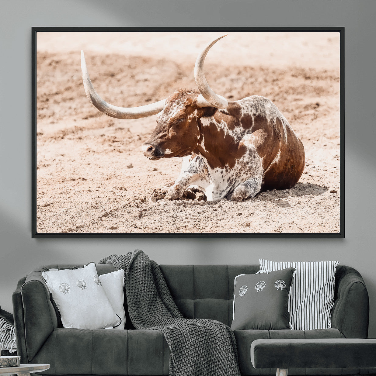 91248682-MGV-CV-36X24-Texas Longhorn Wall Art Canvas Print – Framed Resting Bull Scene with Spotted Cattle Artwork for Home, Office