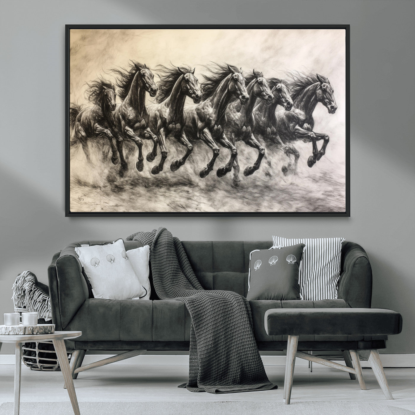 Monochrome drawing of a herd of galloping horses, perfect for dynamic and wild-themed decor in any equestrian or nature-inspired room.