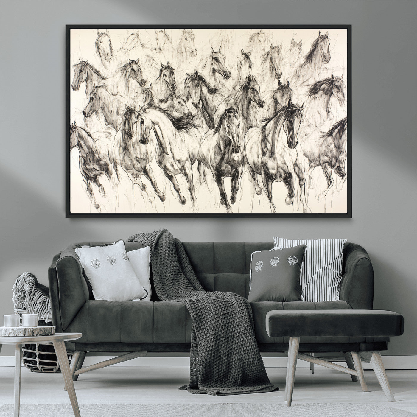 Monochrome ink sketch of galloping horses in dynamic motion, perfect for western or equine-themed wall decor with bold artistic energy.