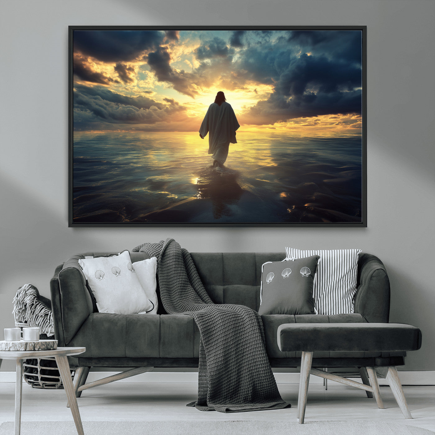 MGV-FC-36X24 - Jesus Walks Wall Art Canvas Print, Framed Divine Sunset Art Picture Print, Spiritual Light Perfect Spiritual Tranquil Decor Artwork