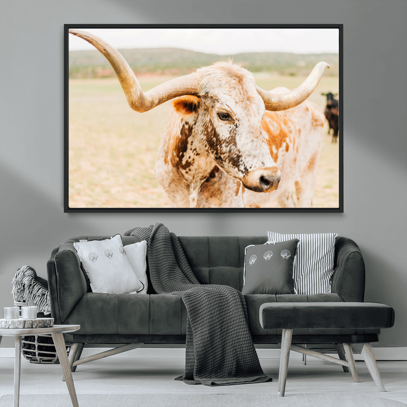 MGV-FC-36X24 - Texas Longhorn Wall Art Canvas Print, Framed Speckled Cow Art Picture Print, Rustic Bull Perfect Rustic Western Decor Artwork