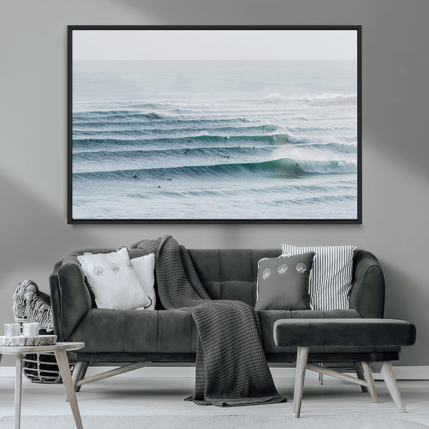 MGV-FC-36X24 - Ocean Waves Wall Art Canvas Print, Framed Surfer Lineup Art Picture Print, Crowded Ocean Perfect Minimal Coastal Decor Artwork