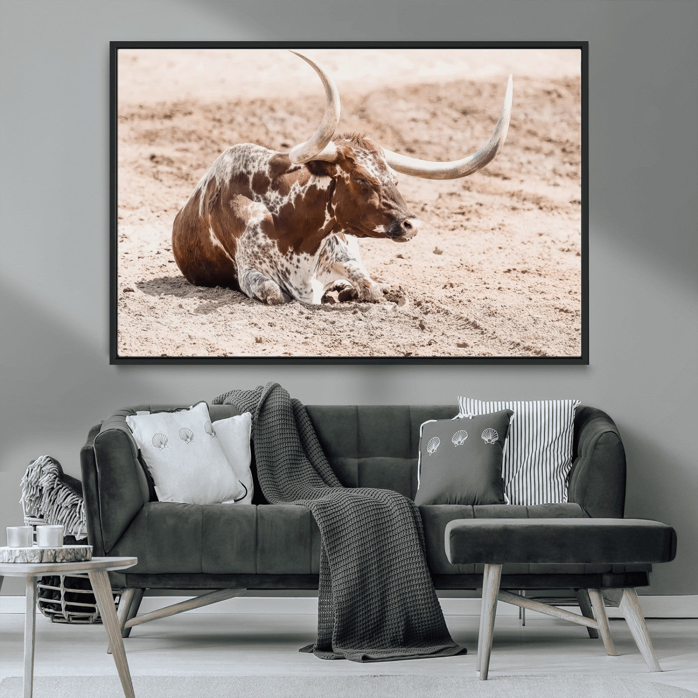 MGV-FC-36X24 - Texas Longhorn Wall Art Canvas Print, Framed Resting Bull Art Picture Print, Spotted Cattle Perfect Rustic Western Decor Artwork