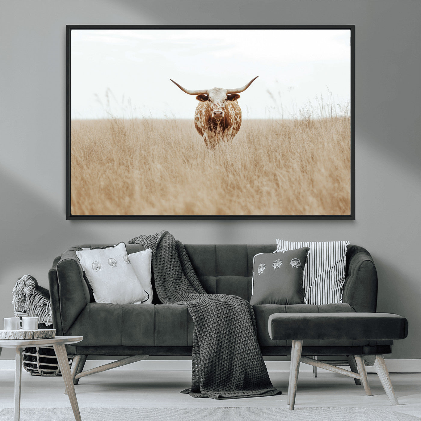 MGV-FC-36X24 - Texas Longhorn Wall Art Canvas Print, Framed Lone Cattle Art Picture Print, Longhorn Bull Perfect Rustic Western Decor Artwork