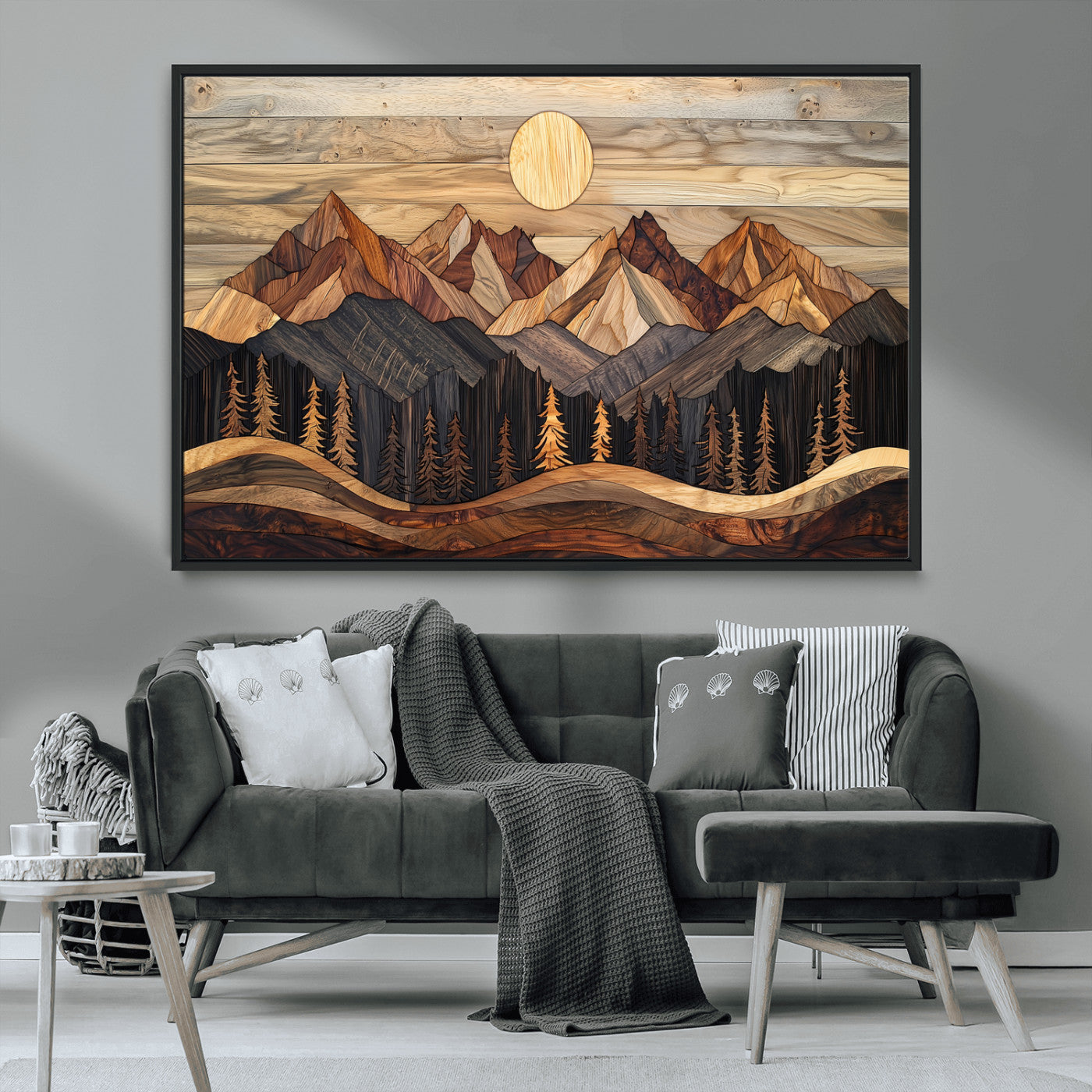 MGV-FC-36X24 - Wood Mountain Wall Art Canvas Print, Framed Boho Wood Art Picture Print, Abstract Woodland Perfect Farmhouse Decor Artwork