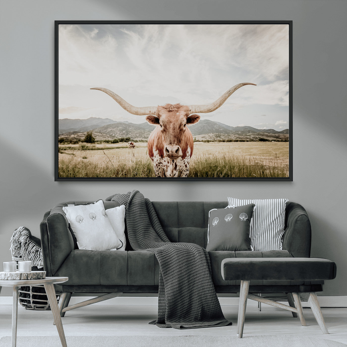MGV-FC-36X24 - Texas Longhorn Wall Art Canvas Print, Framed Western Cow Art Picture Print, Rustic Farmhouse Perfect Farmhouse Decor Artwork