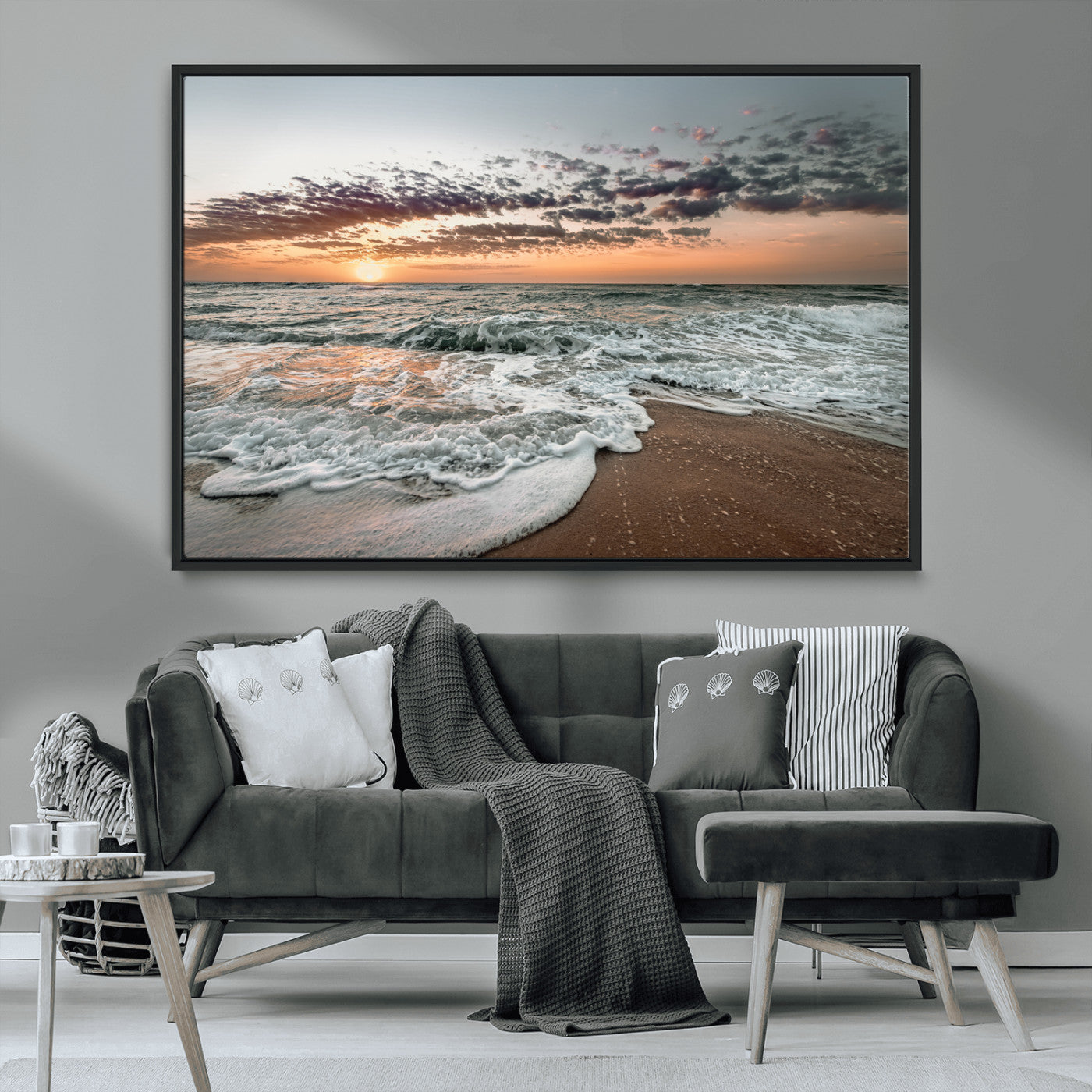 MGV-FC-36X24 - Ocean Sunset Wall Art Canvas Print, Framed Beach Waves Art Picture Print, Coastal Scene Perfect Coastal Decor Artwork