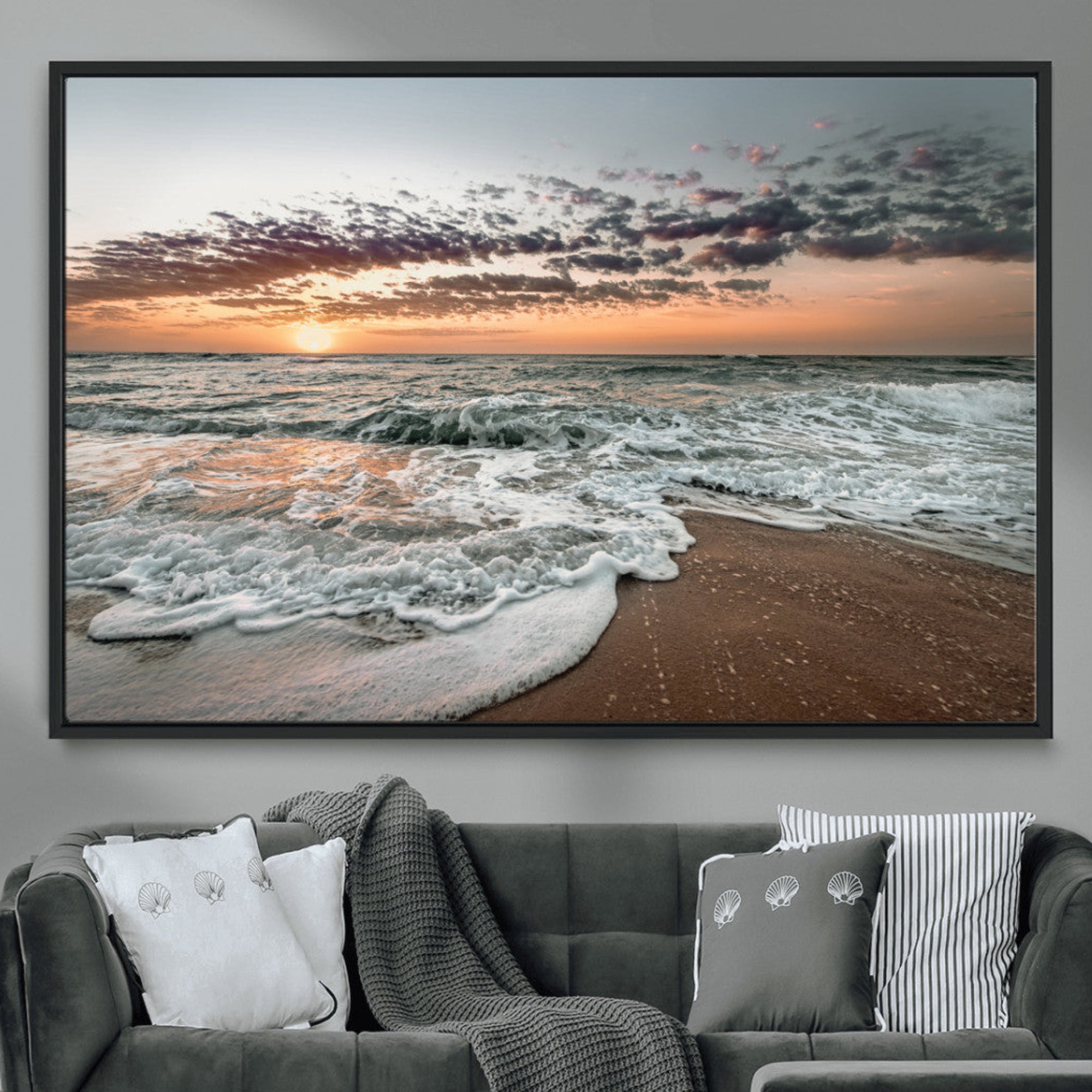 40632752-MGV-CV-36X24-Ocean Sunset Wall Art Canvas Print – Framed Beach Waves Scene with Coastal Artwork for Home, Office, Living Room