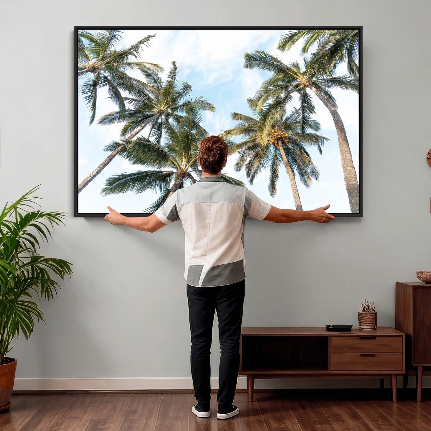 87247012-MGV-CV-36X24 - Tropical Palm Trees Wall Art – Sunlit Leaves & Blue Sky Canvas Print, Island Breeze and Vacation Vibes for Office or Home Decor