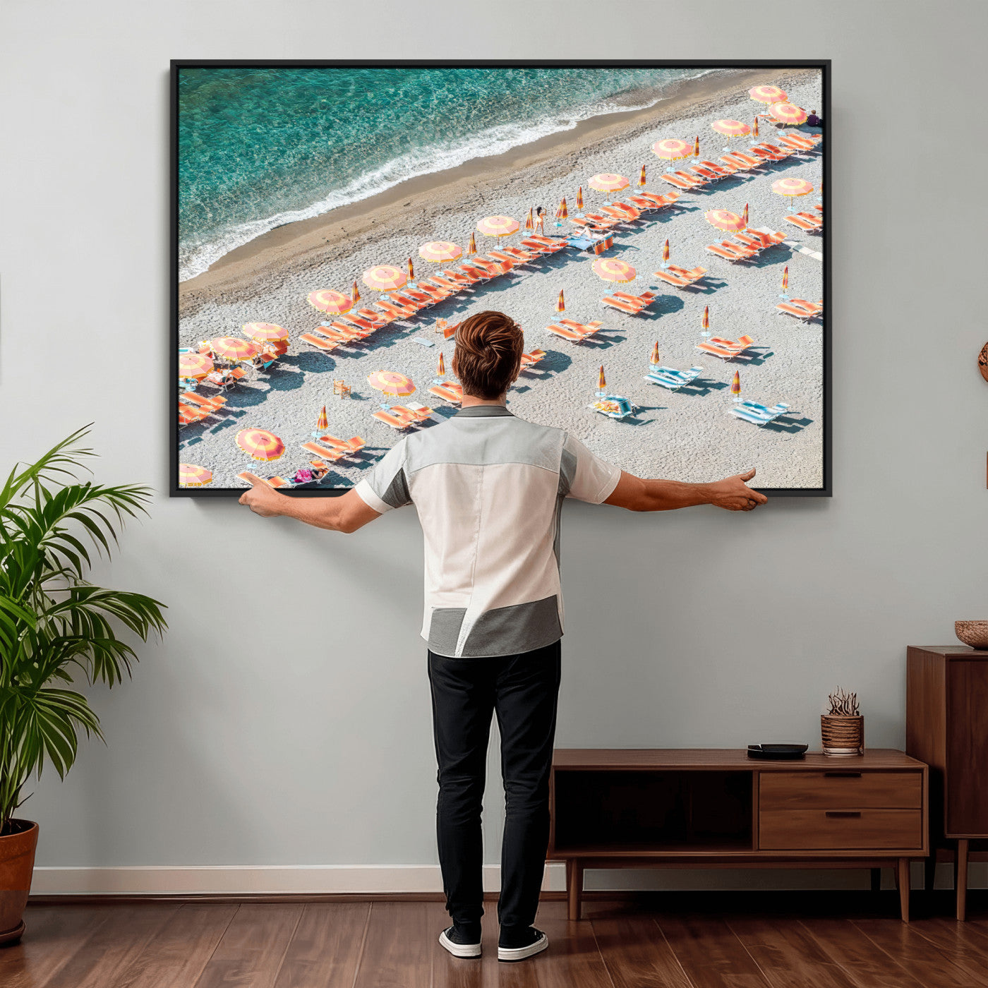 27805351-MGV-CV-36X24 - Beach Umbrellas Wall Art – Orange Loungers & Turquoise Water Canvas Print, Sandy Shore and Summer Vibes