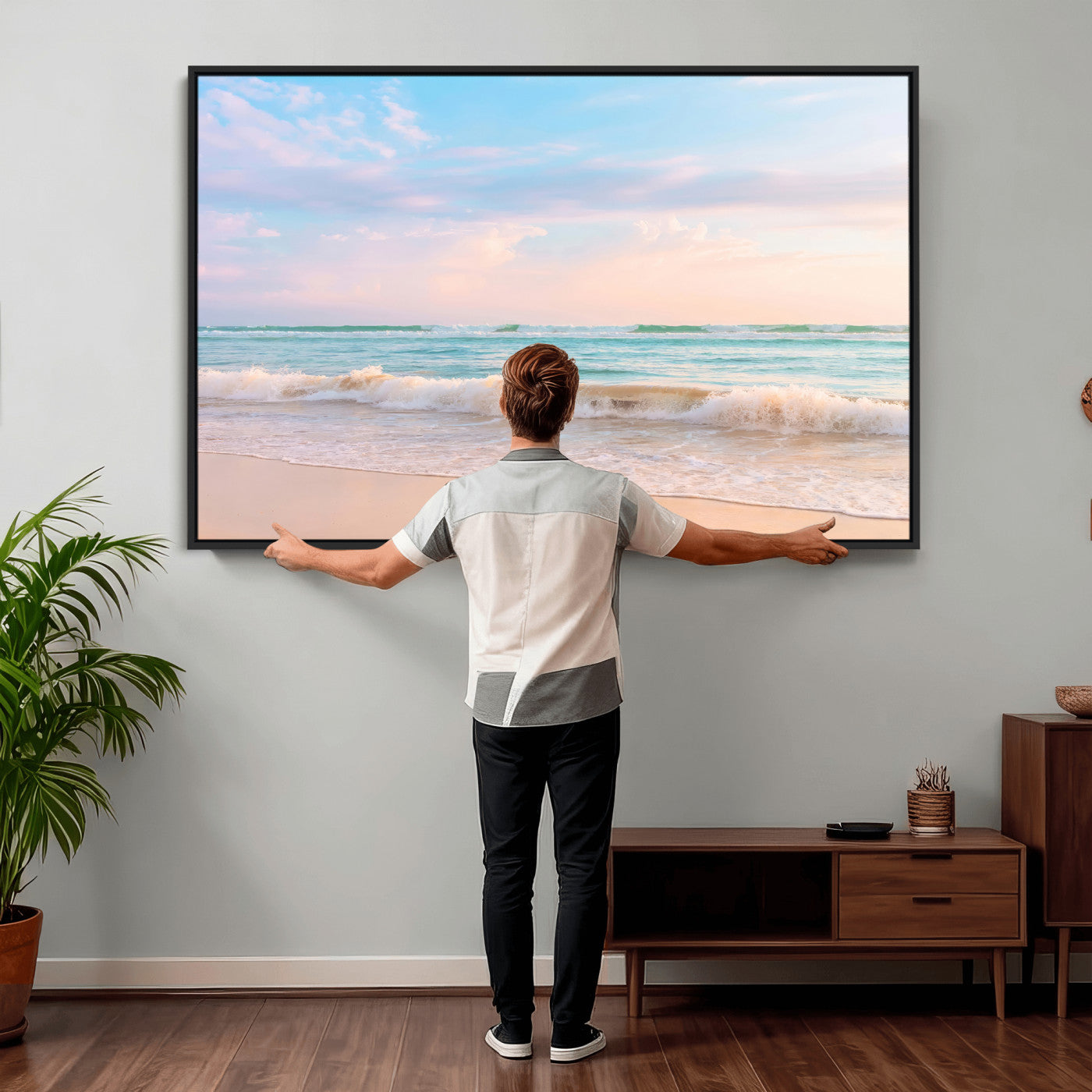 74679437-MGV-CV-36X24 - Serene Waves Wall Art – Golden Shore & Soft Pastel Sky Canvas Print, Gentle Ocean and Peaceful Sunset for Living Room or Office