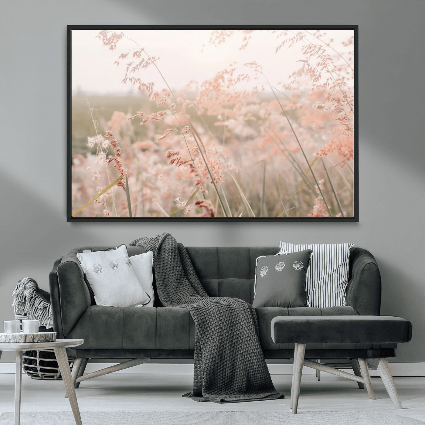 MGV-FC-36X24 - Pastel Grasses Wall Art Canvas Print, Framed Soft Meadow Art Picture Print, Field in Breeze Perfect Soft Pastel Minimal Decor Artwork