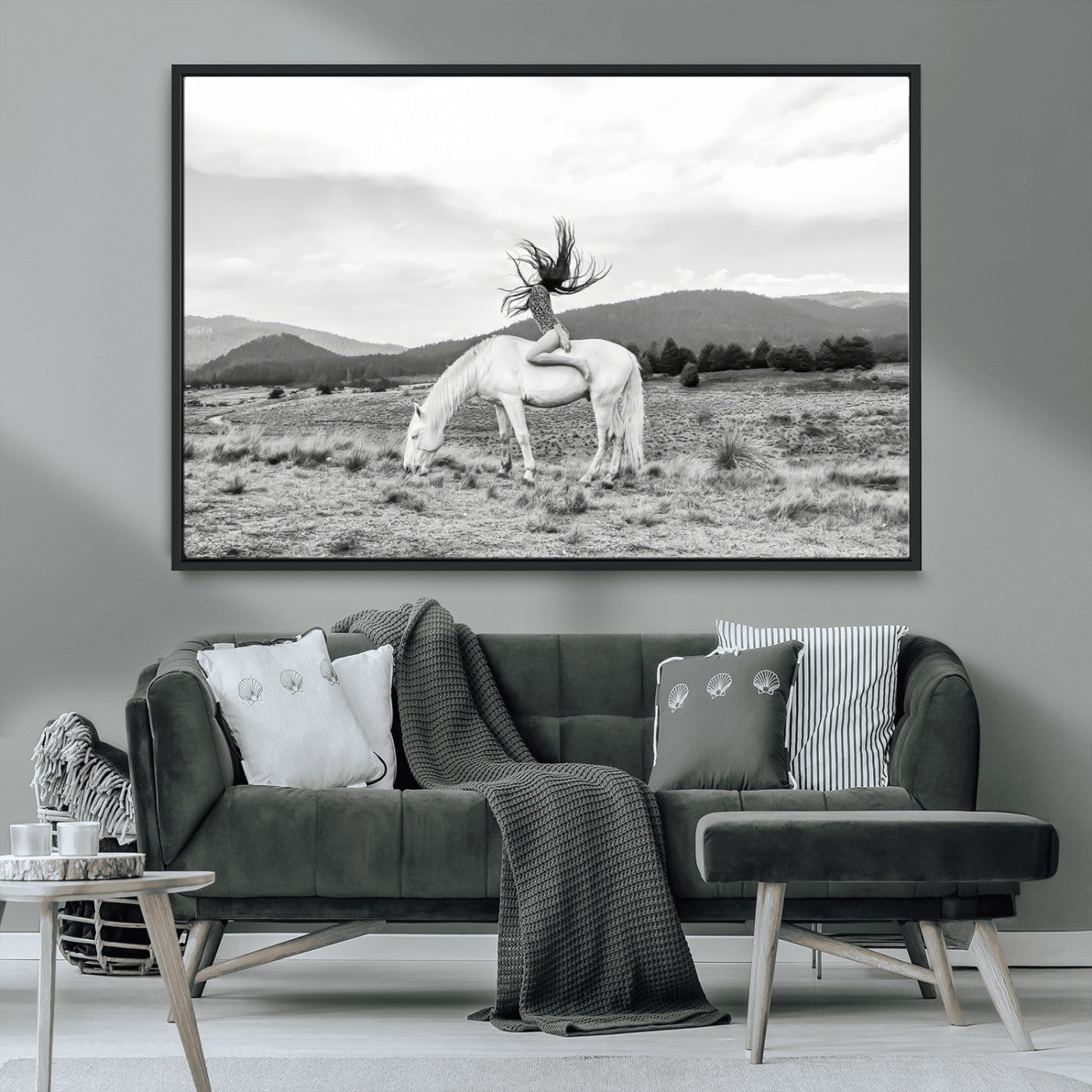 MGV-FC-36X24 - White Horse Wall Art Canvas Print, Framed Woman Rider Art Picture Print, Equestrian Pose Perfect Western Boho Decor Artwork