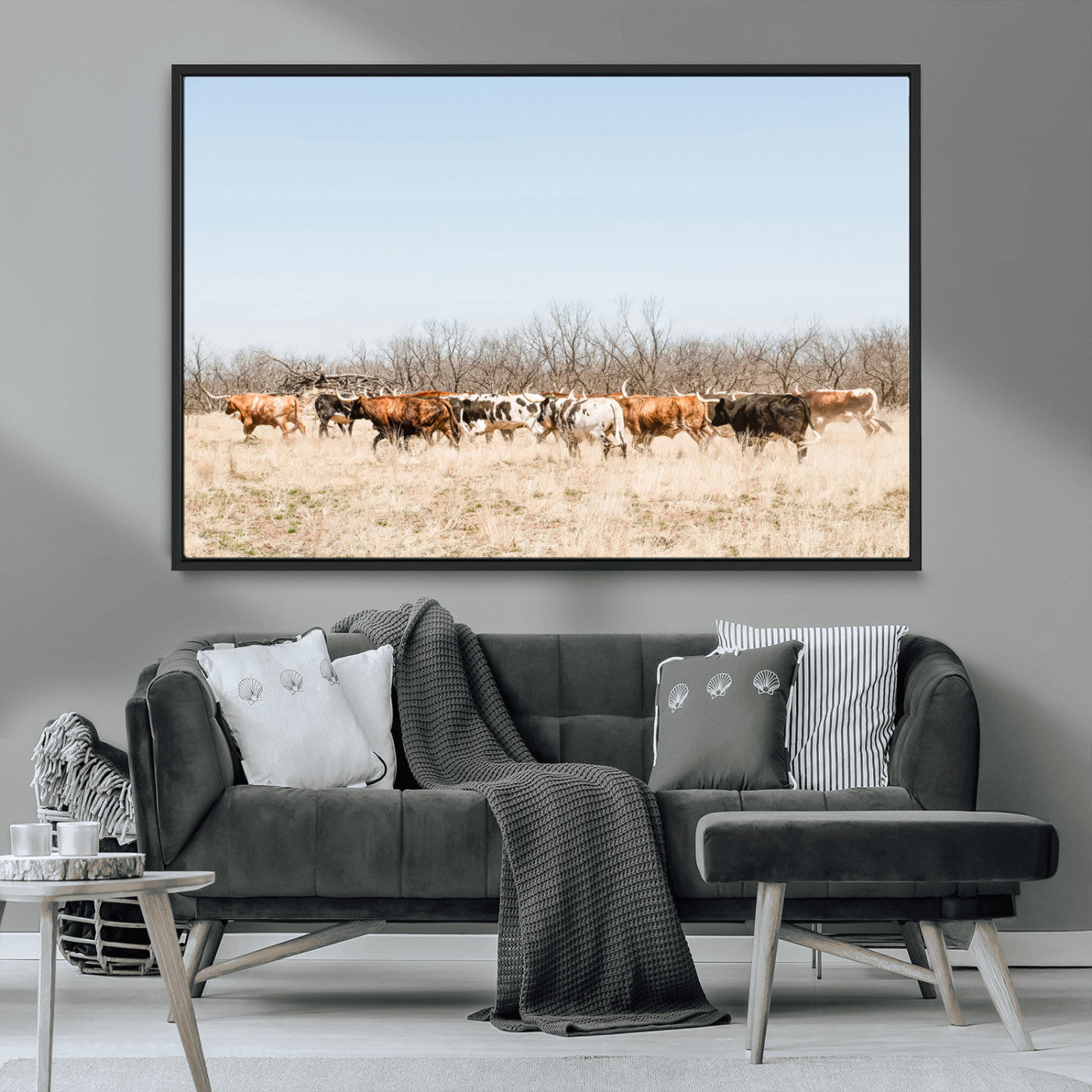 MGV-FC-36X24 - Texas Longhorns Wall Art Canvas Print, Framed Western Cattles Art Picture Print, Rustic Herd Perfect Rustic Farmhouse Decor Artwork