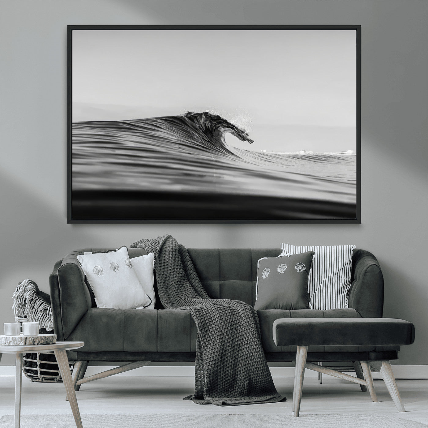 MGV-FC-36X24 - Black Wave Wall Art Canvas Print, Framed Abstract Surf Art Picture Print, Minimalist Ocean Perfect Minimalist Coastal Decor Artwork