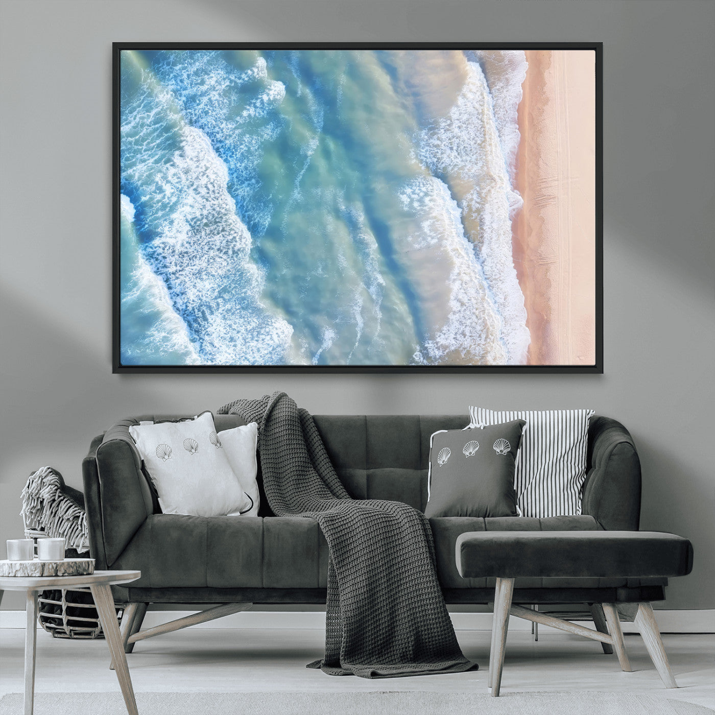 MGV-FC-36X24 - Aerial Ocean View Wall Art Canvas Print, Framed Soft Blue Waves Art Picture Print, Sandy Shoreline Perfect Modern Coastal Decor Artwork