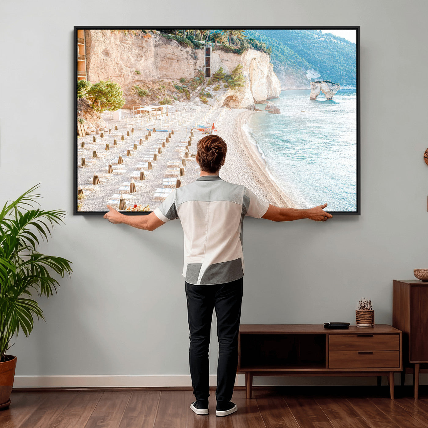 84816639-MGV-CV-36X24 - Sunny Beach Wall Art – Chairs & Umbrellas Canvas Print, Clear Water, Rocky Cliffs, Coastal Calm for Living Room or Vacation Home Decor