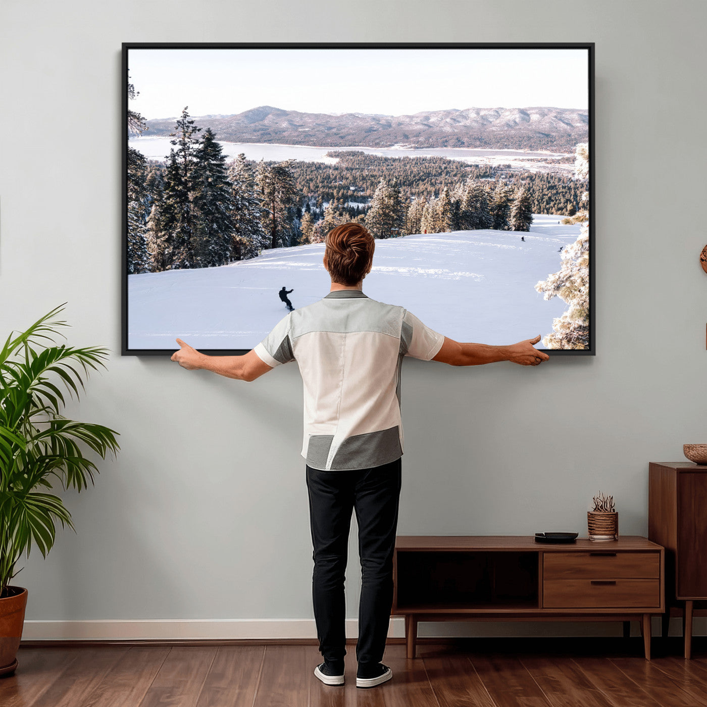 79857868-MGV-CV-36X24 - Snowboarder Wall Art – Winter Slope Canvas Print, Pine Forest, Snow-Covered Mountains, Outdoor Adventure for Living Room or Cabin Decor