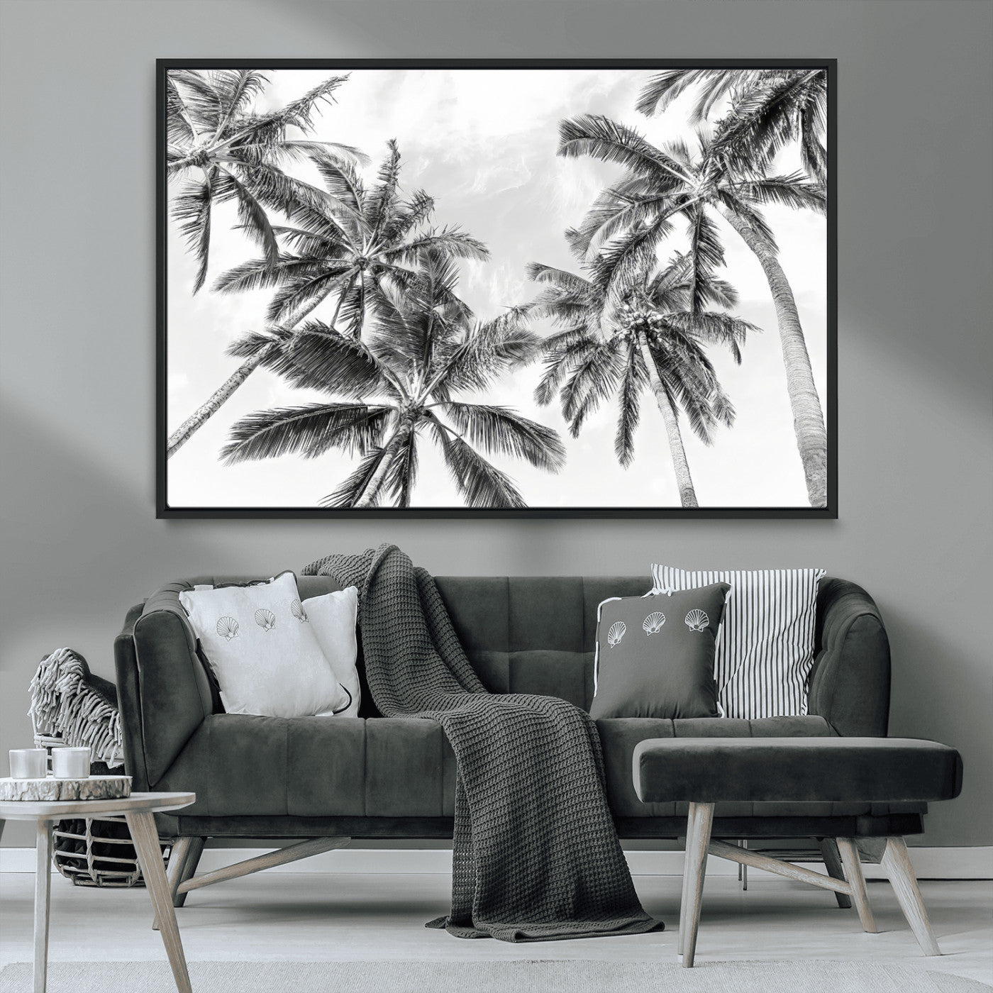 MGV-FC-36X24 - Black White Palm Wall Art Canvas Print, Framed Monochrome Tropics Art Picture Print, Minimalist Beach Perfect Coastal Minimalist Decor Artwork