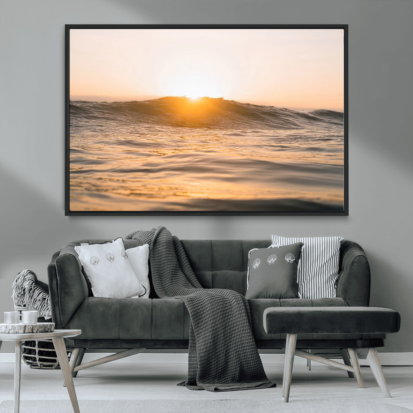 MGV-FC-36X24 - Calm Water Wall Art Canvas Print, Framed Sunset Waves Art Picture Print, Coastal Warmth Perfect Warm Minimalist Decor Artwork