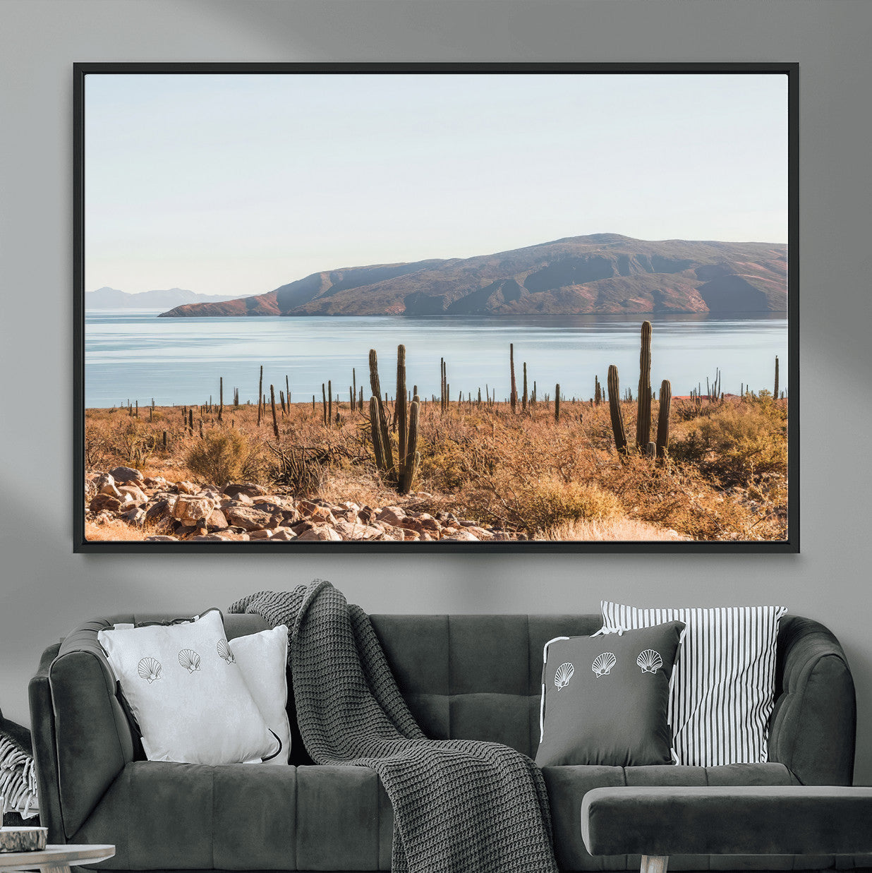 45193515-MGV-CV-36X24-Desert Lake Wall Art – Framed Cactus Mountain Canvas Artwork, Earthy Southwest Design, Rustic Nature Decor for Home, Office