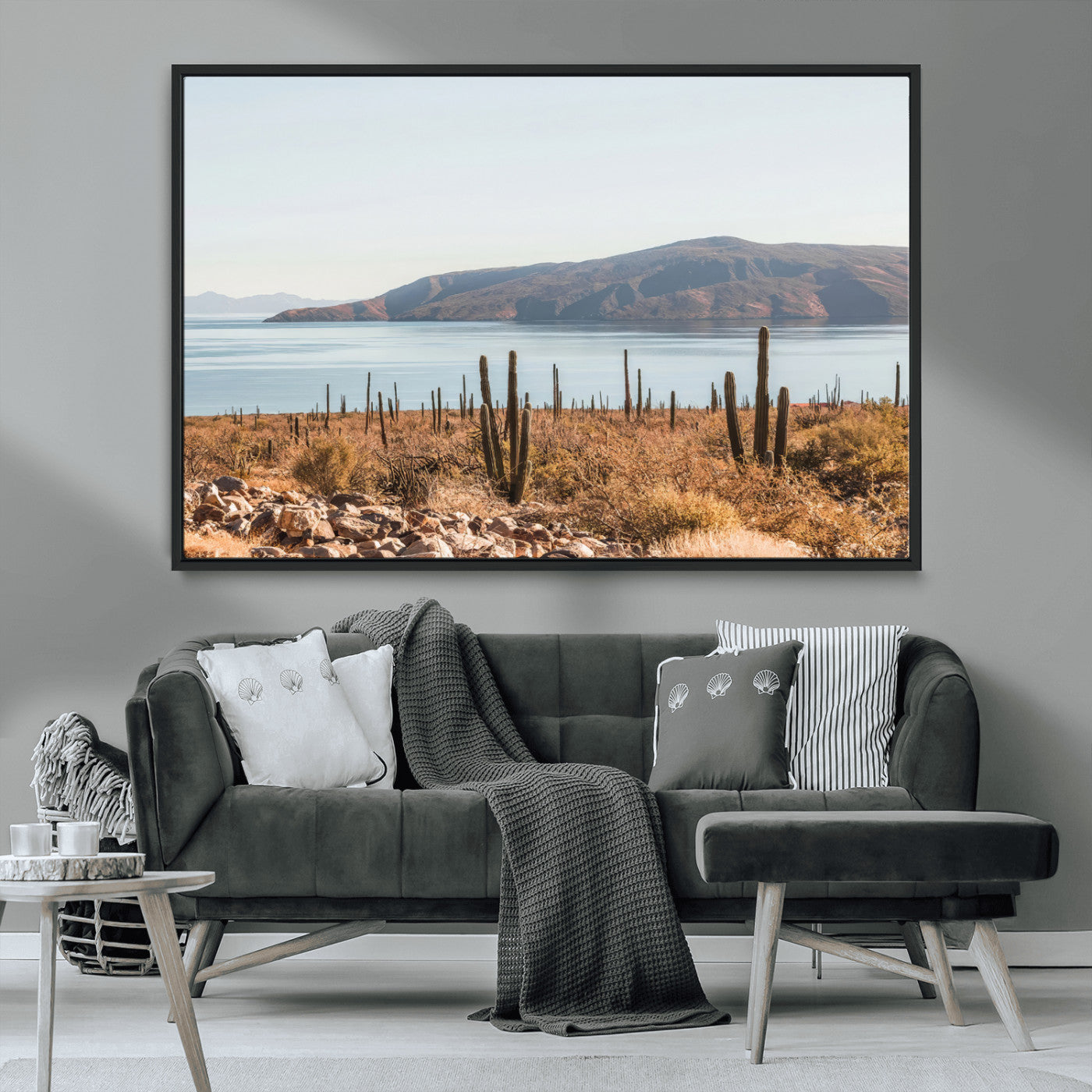 MGV-FC-36X24 - Desert Cactus Wall Art Canvas Print, Framed Baja Coastline Art Picture Print, Coastal Desert Perfect Southwestern Minimalist Decor Artwork