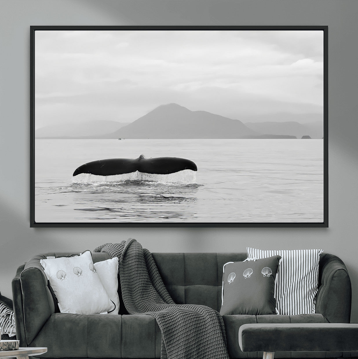 MGV-FC-36X24 - Whale Tail Wall Art Canvas Print, Framed Black White Ocean Art Picture Print, Calm Marine Perfect Minimalist Coastal Decor Artwork