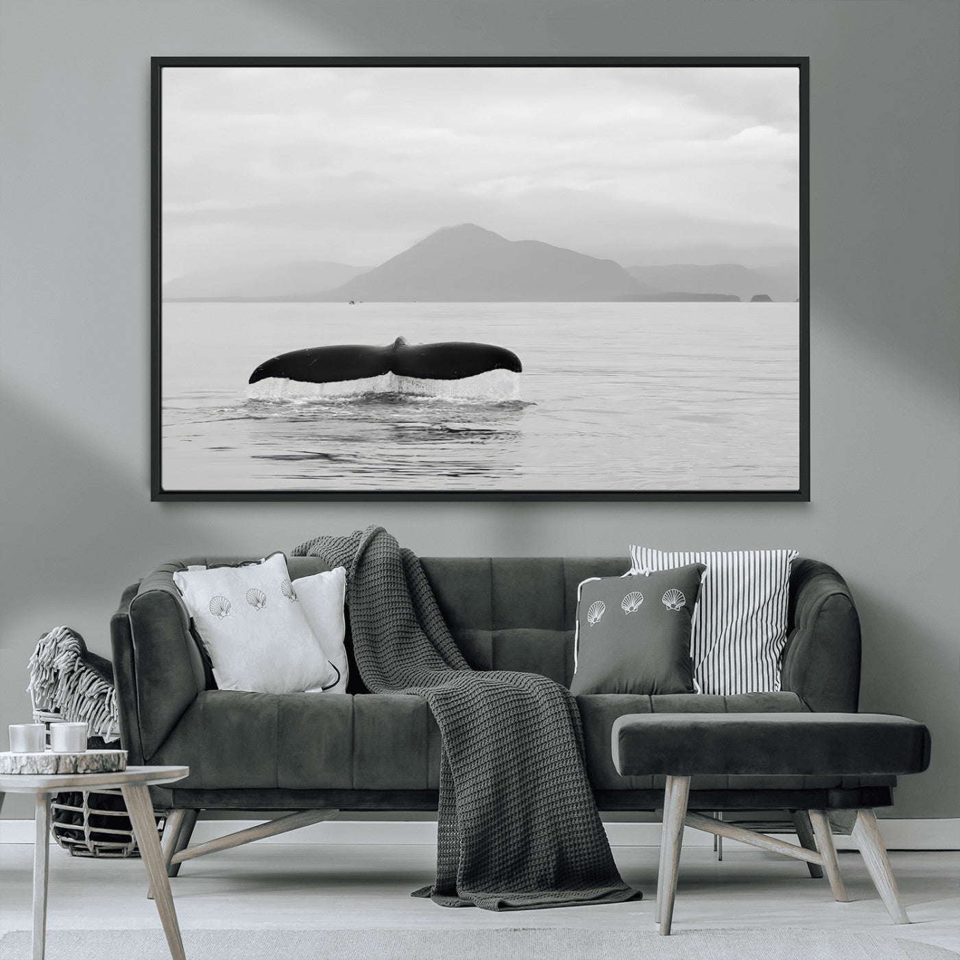 MGV-FC-36X24 - Whale Tail Wall Art Canvas Print, Framed Black White Ocean Art Picture Print, Calm Marine Perfect Minimalist Coastal Decor Artwork