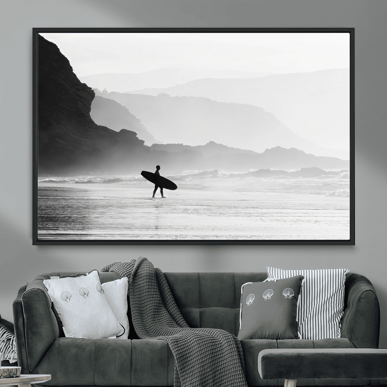 MGV-FC-36X24 - Surfer In Fog Wall Art Canvas Print, Framed Moody Shoreline Art Picture Print, Cliffside Waves Perfect Minimalist Coastal Decor Artwork