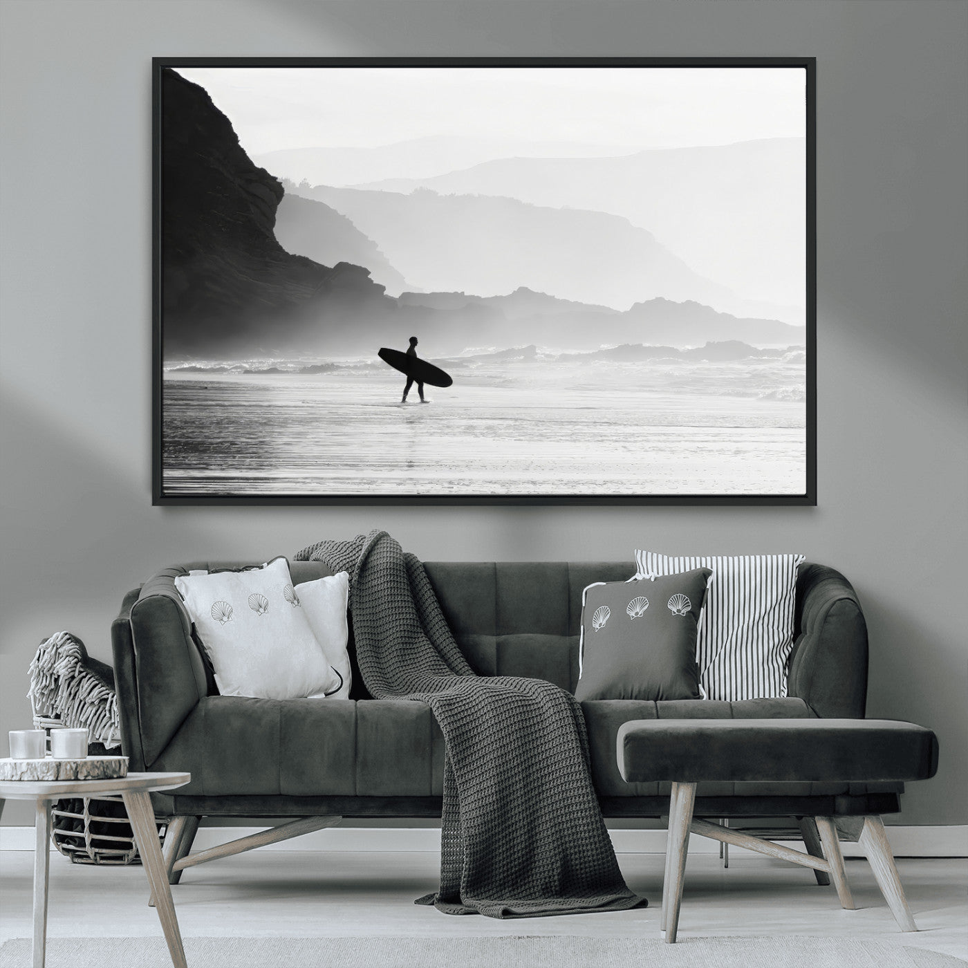 MGV-FC-36X24 - Surfer In Fog Wall Art Canvas Print, Framed Moody Shoreline Art Picture Print, Cliffside Waves Perfect Minimalist Coastal Decor Artwork