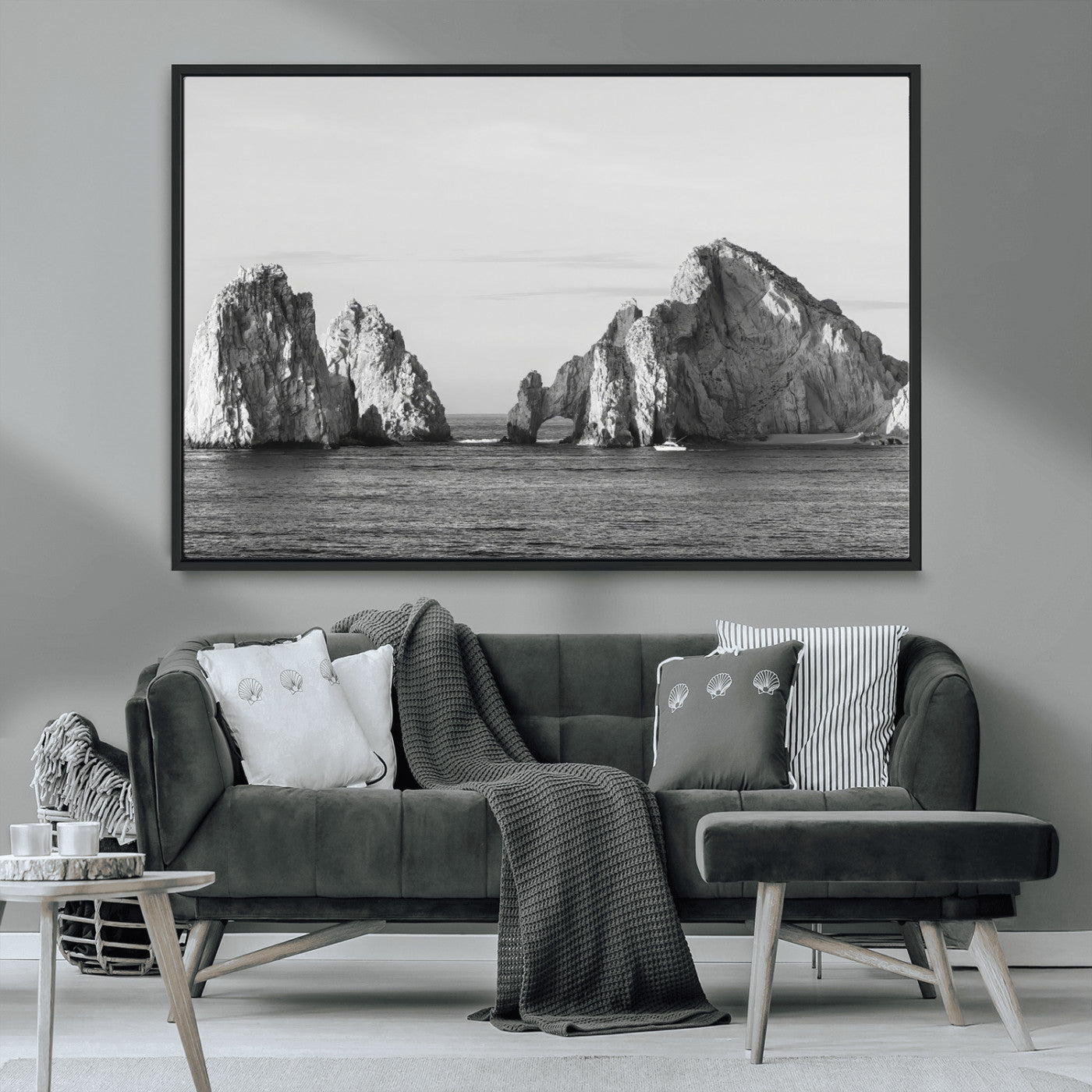 MGV-FC-36X24 - Rugged Coastline Wall Art Canvas Print, Framed Ocean Cliffs Art Picture Print, Monochrome Seascape Perfect Coastal Minimalist Decor Artwork