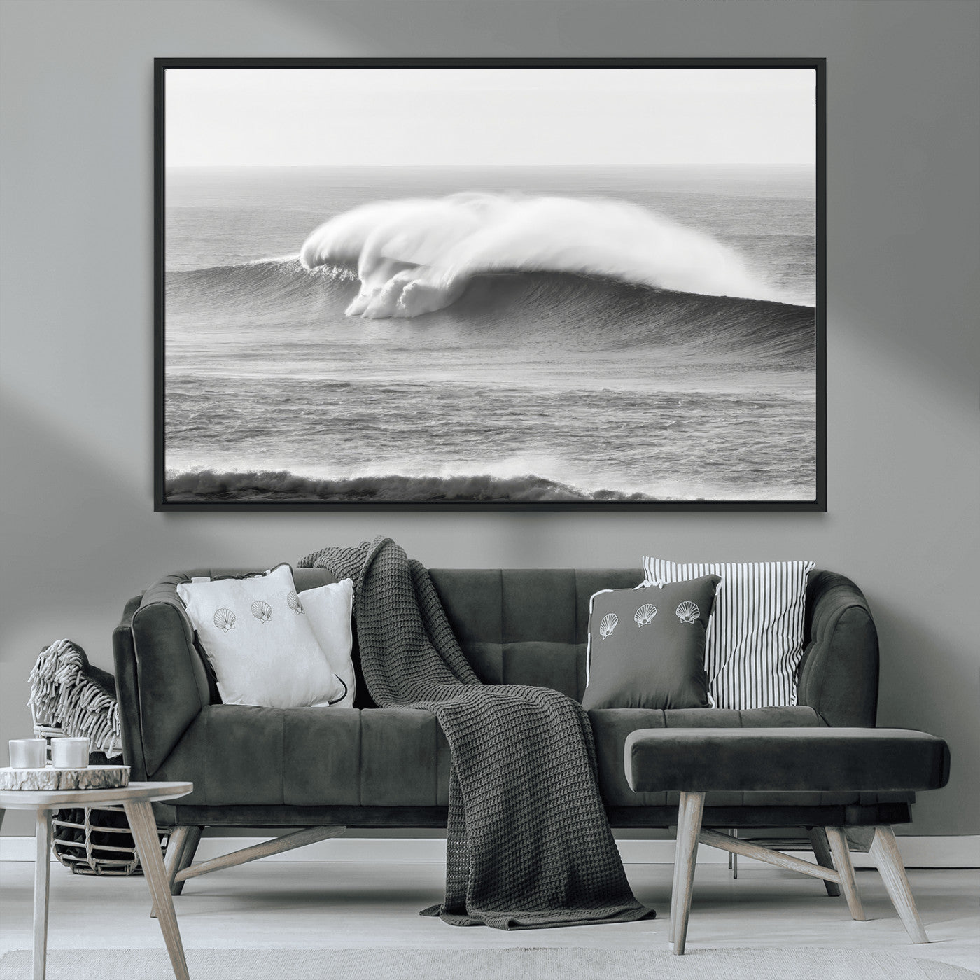 MGV-FC-36X24 - Monochrome Seascape Wall Art Canvas Print, Framed Surf Wave Art Picture Print, Minimalist Ocean Perfect Moody Coastal Decor Artwork