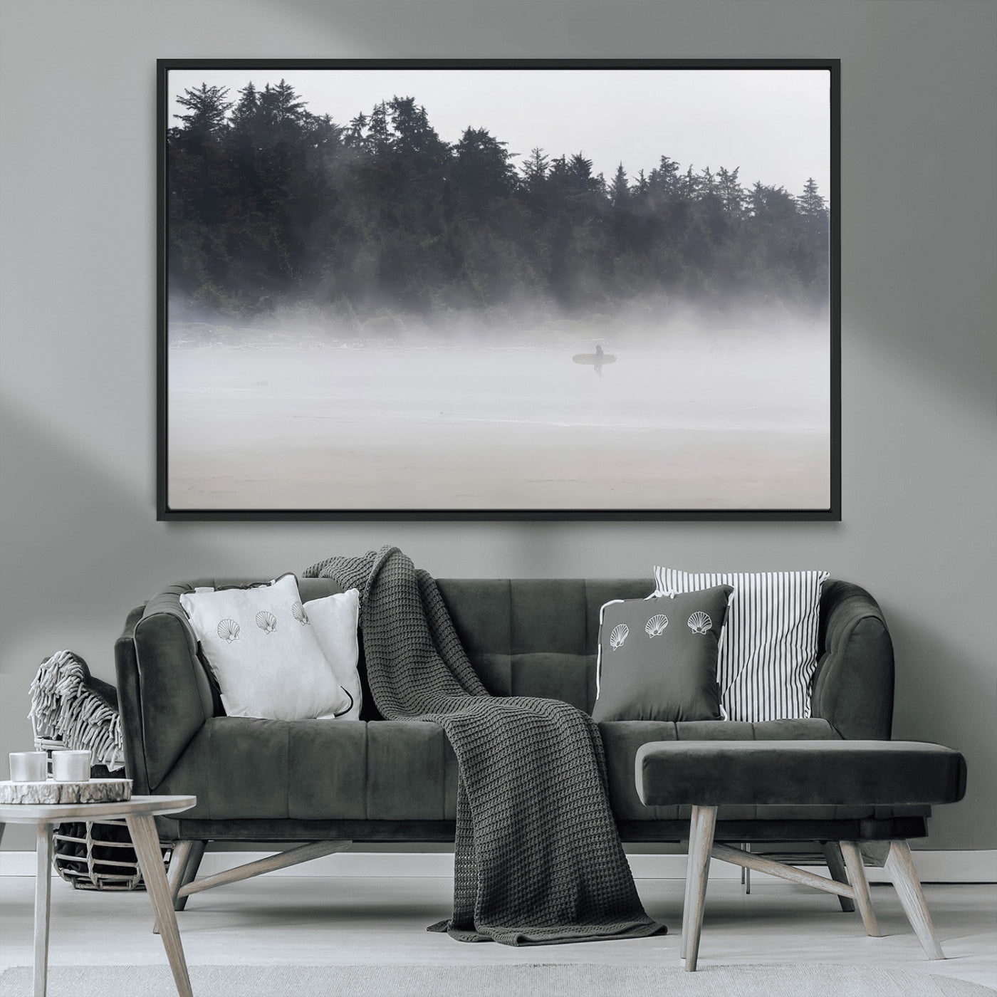 MGV-FC-36X24 - Surfer in Fog Wall Art Canvas Print, Framed Foggy Beach Art Picture Print, Coastal Surf Perfect Moody Coastal Decor Artwork