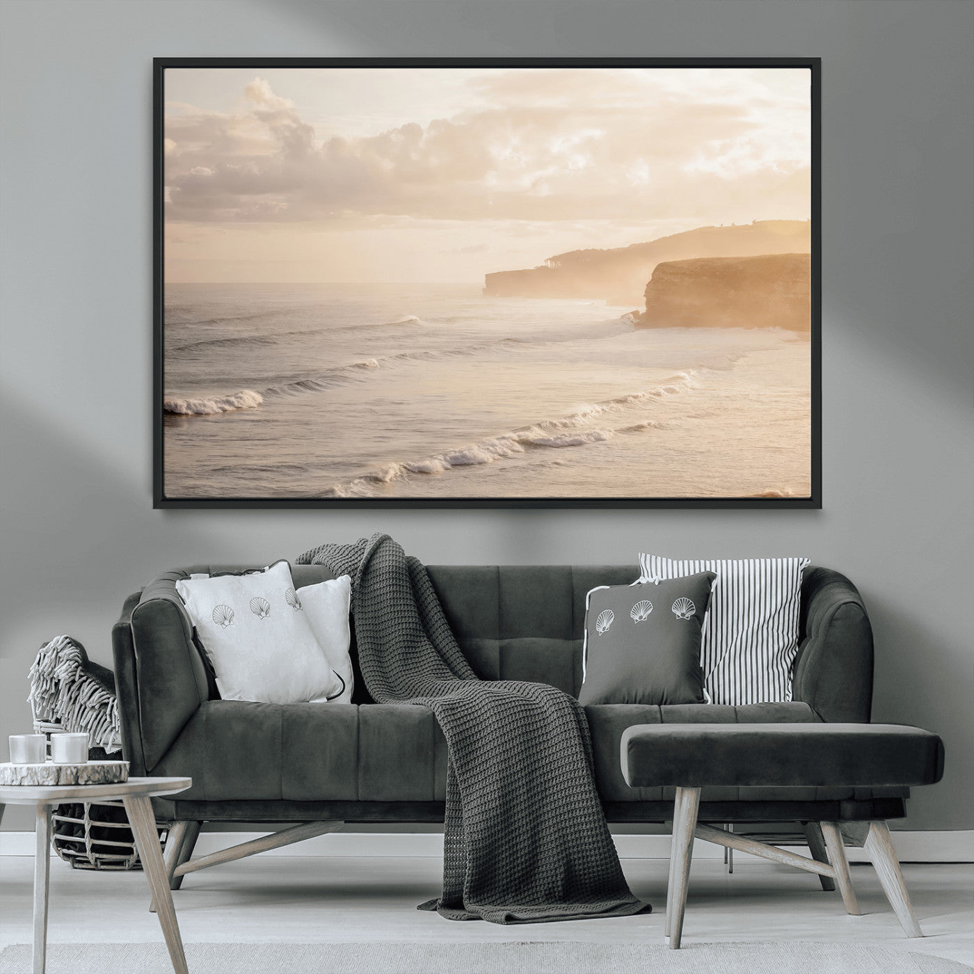 MGV-FC-36X24 - Misty Coastal Wall Art Canvas Print, Framed Golden Sunset Art Picture Print, Serene Shoreline Perfect Tranquil Coastal Decor Artwork