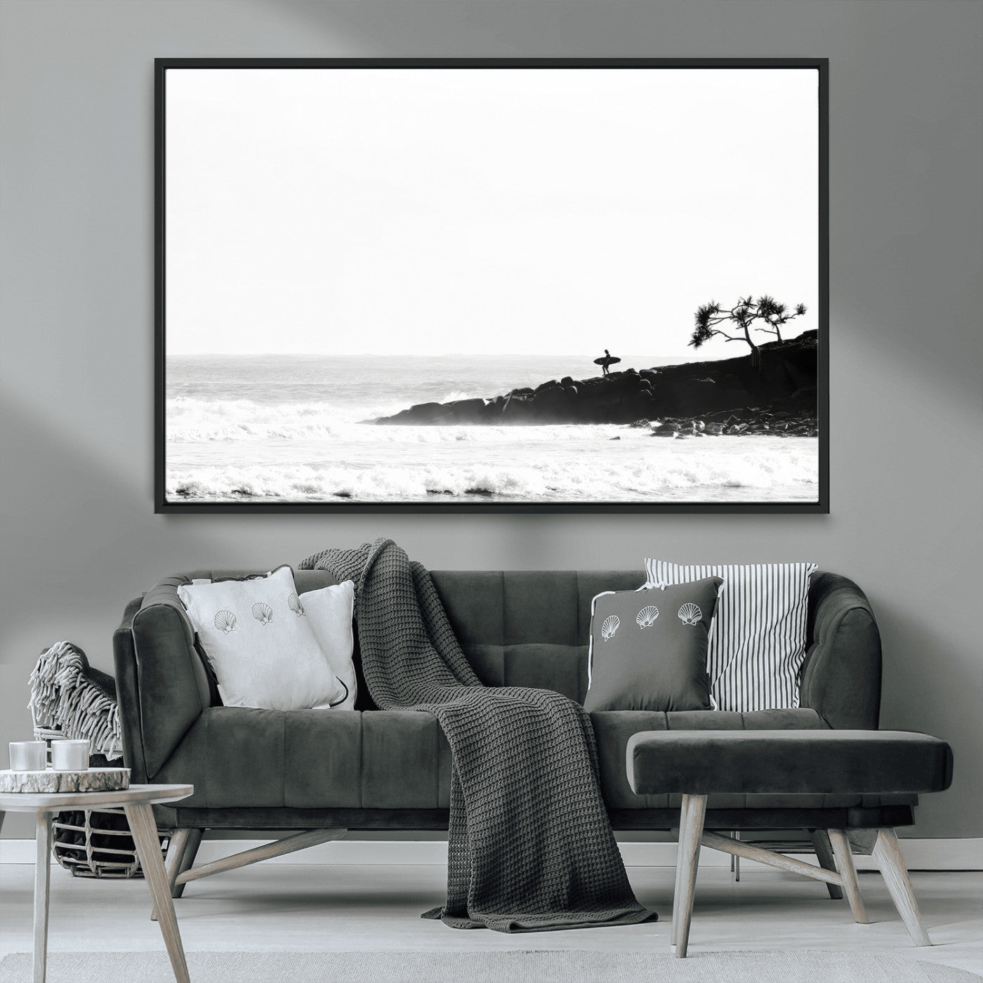 MGV-FC-36X24 - SurferCliffs Wall Art Canvas Print, Framed Black White Beach Art Picture Print, Ocean Waves Perfect Minimalist Coastal Decor Artwork