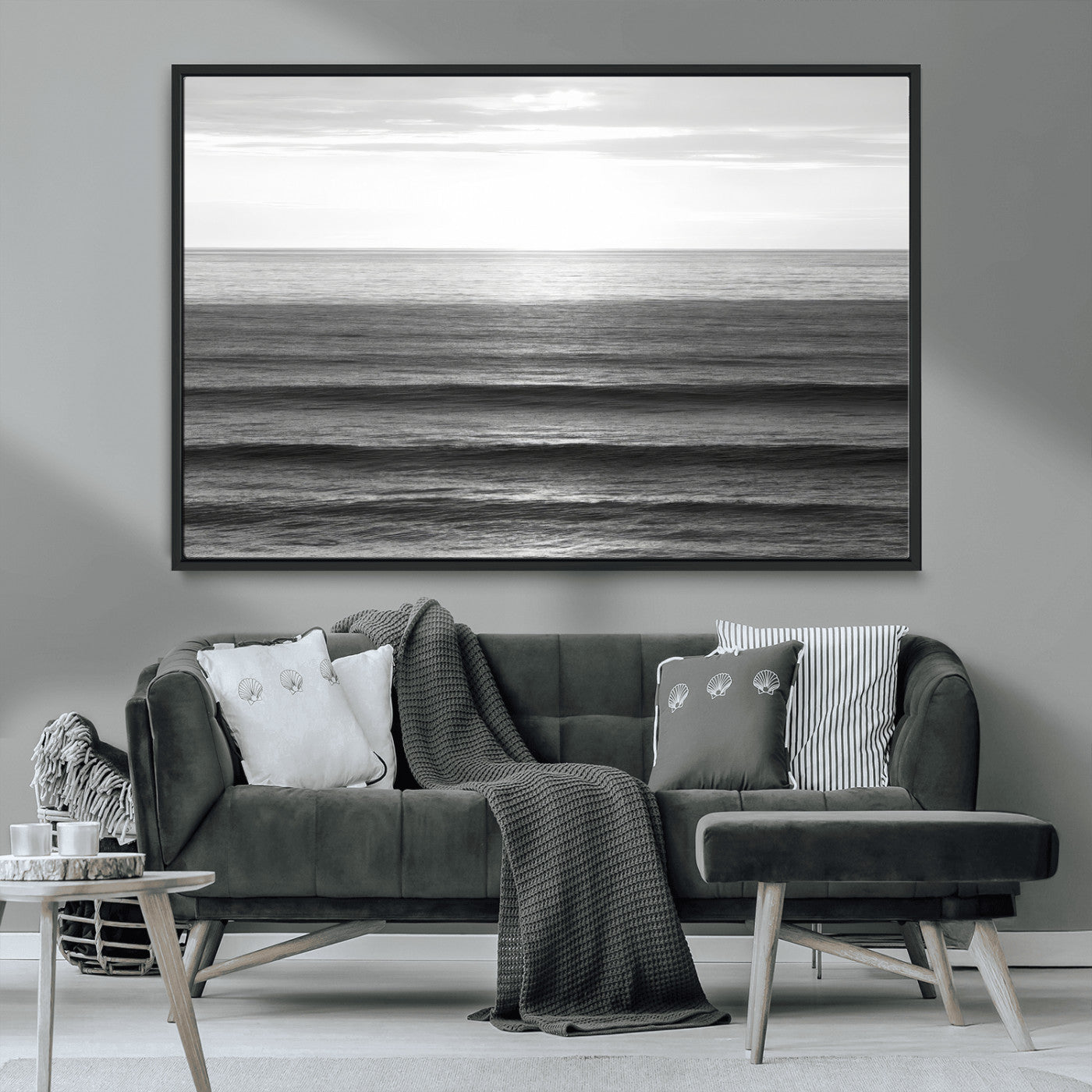 MGV-FC-36X24 - Monochrome Ocean Wall Art Canvas Print, Framed Moody Ocean Art Picture Print, Calm Ocean Perfect Minimalist Coastal Decor Artwork
