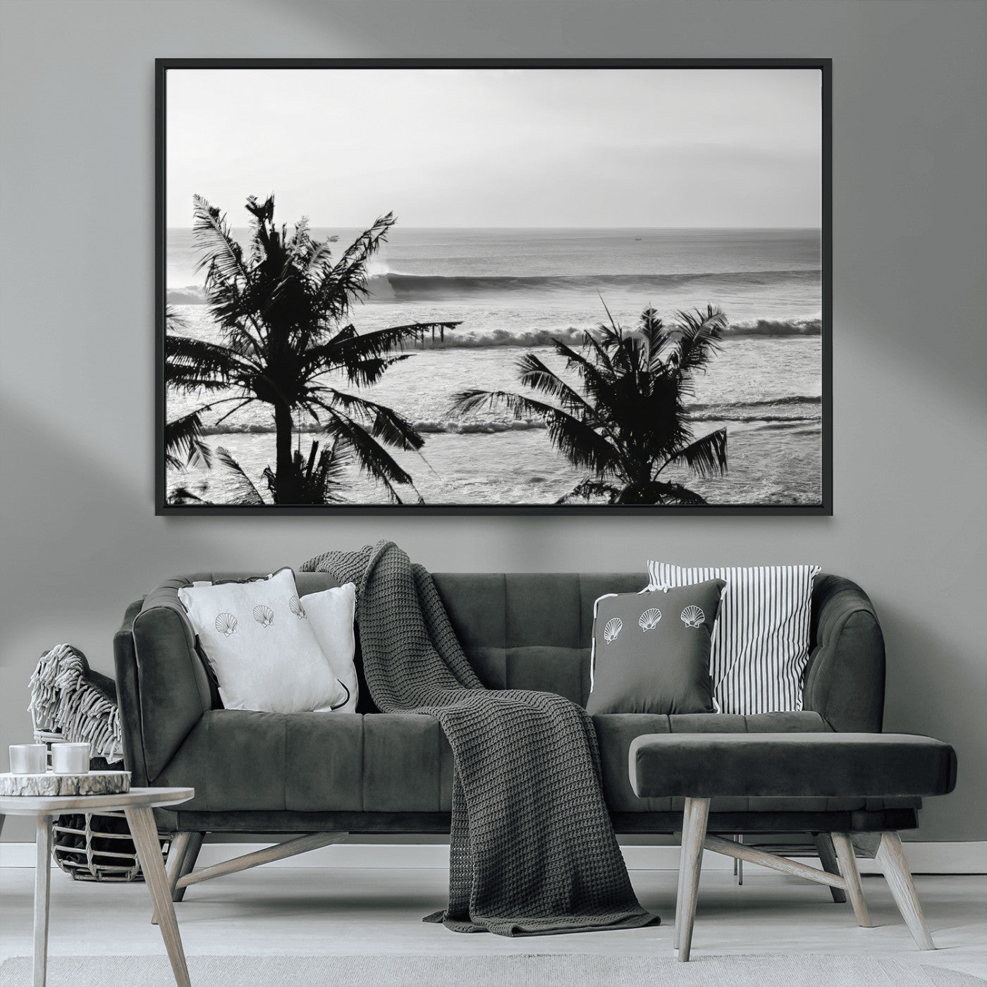 MGV-FC-36X24 - Tropical Coastline Wall Art Canvas Print, Framed Palm Trees Art Picture Print, Ocean Waves Perfect Minimalist Coastal Decor Artwork