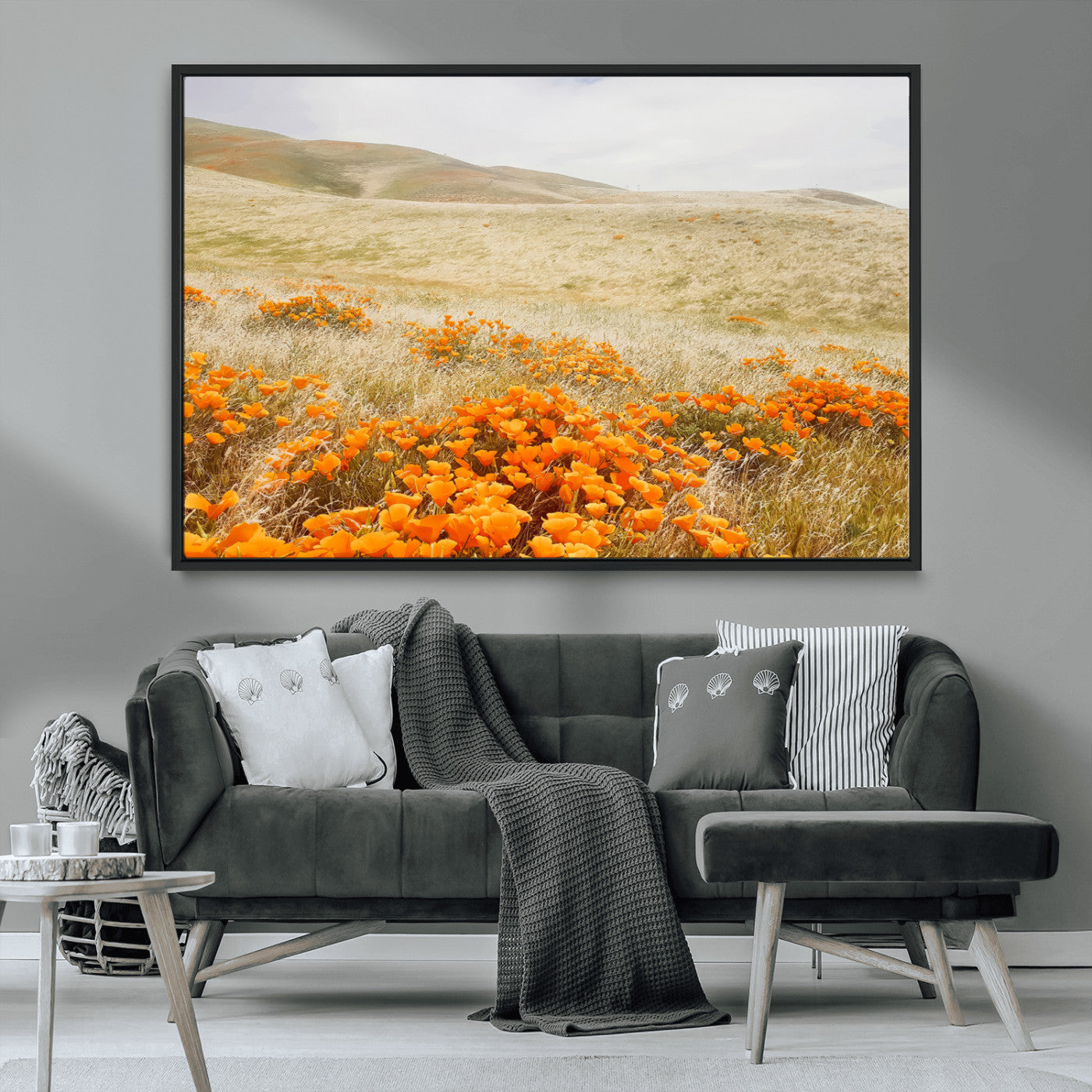 MGV-FC-36X24 - Golden Wildflowers Wall Art Canvas Print, Framed Hills Bloom Art Picture Print, Poppy Meadow Perfect Rustic Nature Decor Artwork