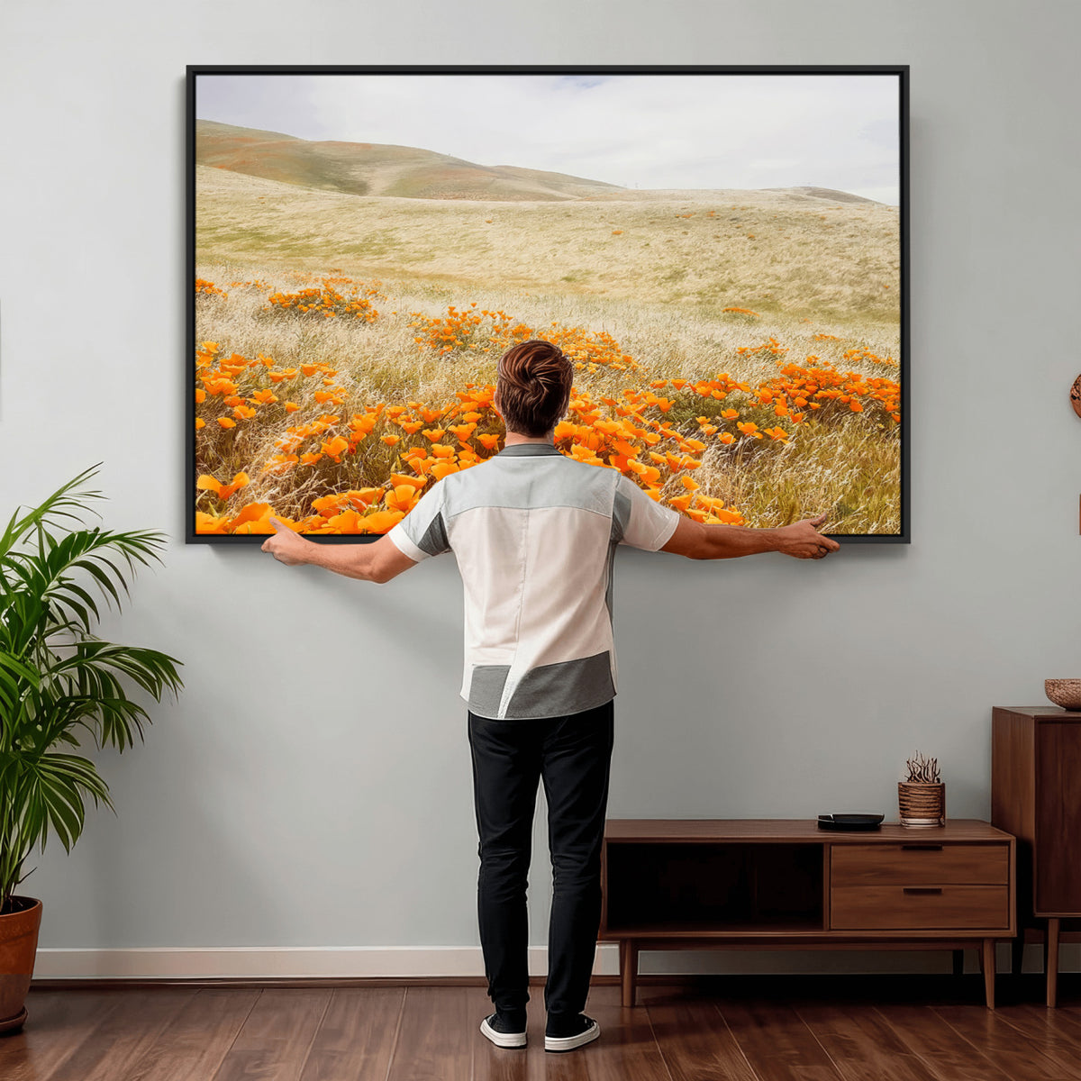 28972262-_Poster-30x20 - Golden Wildflowers Wall Art Canvas Print, Framed Hills and Poppy Meadow Scene
