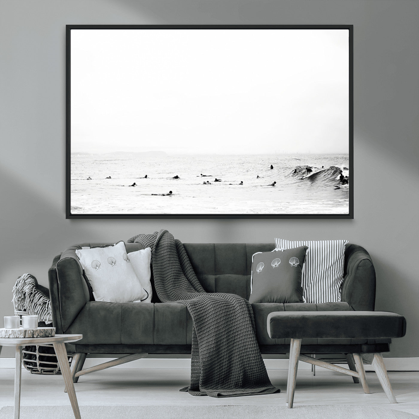 MGV-FC-36X24 - Monochrome Swimming Wall Art Canvas Print, Framed Ocean Horizon Art Picture Print, Moody Coastal Perfect Minimalist Coastal Decor Artwork