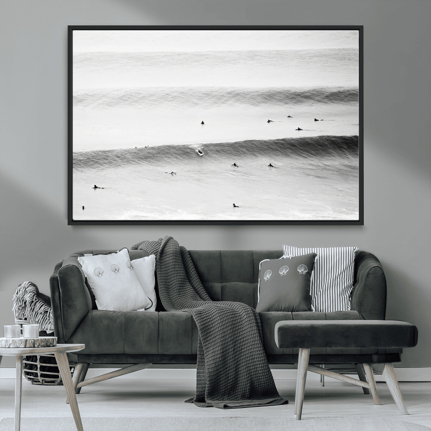 MGV-FC-36X24 - Black White Ocean Wall Art Canvas Print, Framed Coastal Sport Art Picture Print, Ocean Culture Perfect Minimalist Coastal Decor Artwork