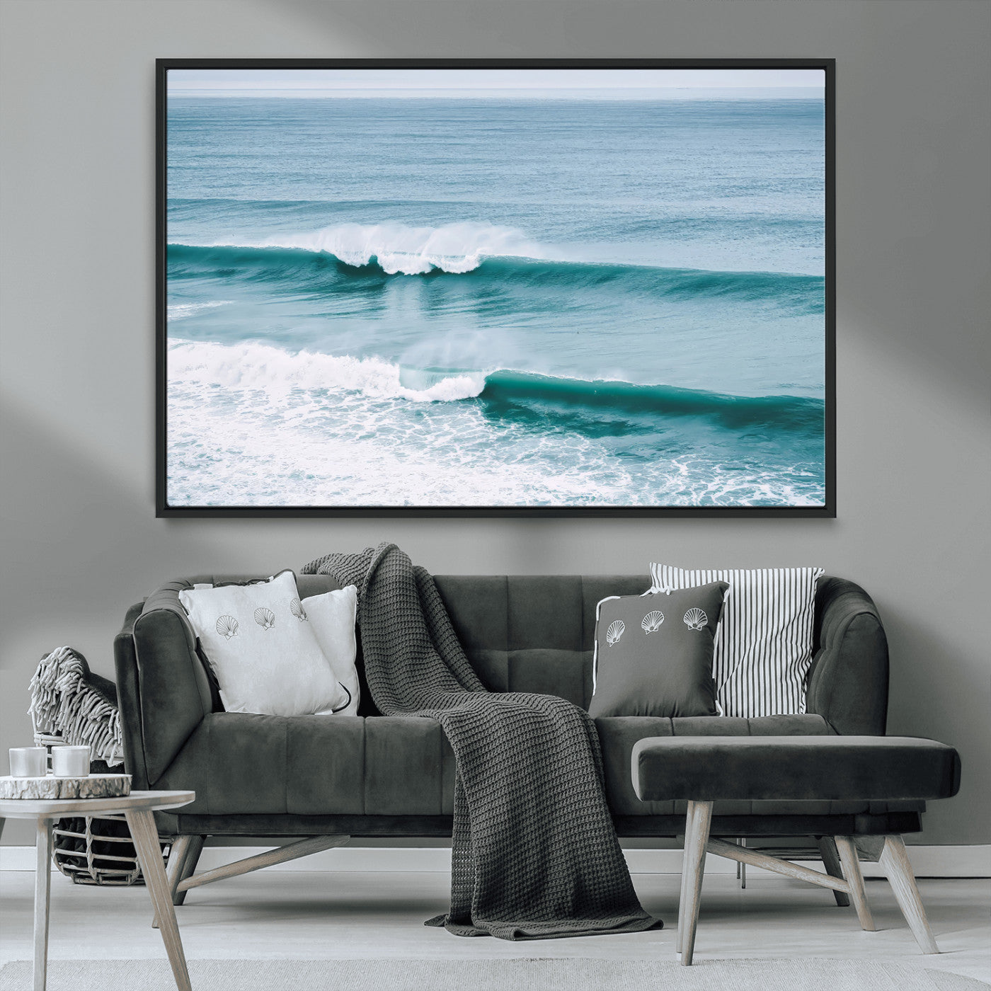 Powerful ocean waves rolling towards the shore, their turquoise hues blending with white sea foam under an open horizon, capturing the essence of the ocean's movement.