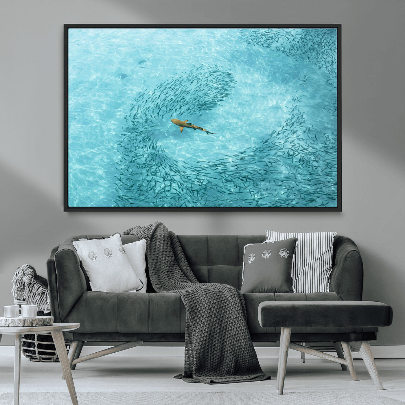 MGV-FC-36X24 - Fish Swarm Wall Art Canvas Print, Framed Marine Life Art Picture Print, Shark Aerial Perfect Wildlife Coastal Decor Artwork