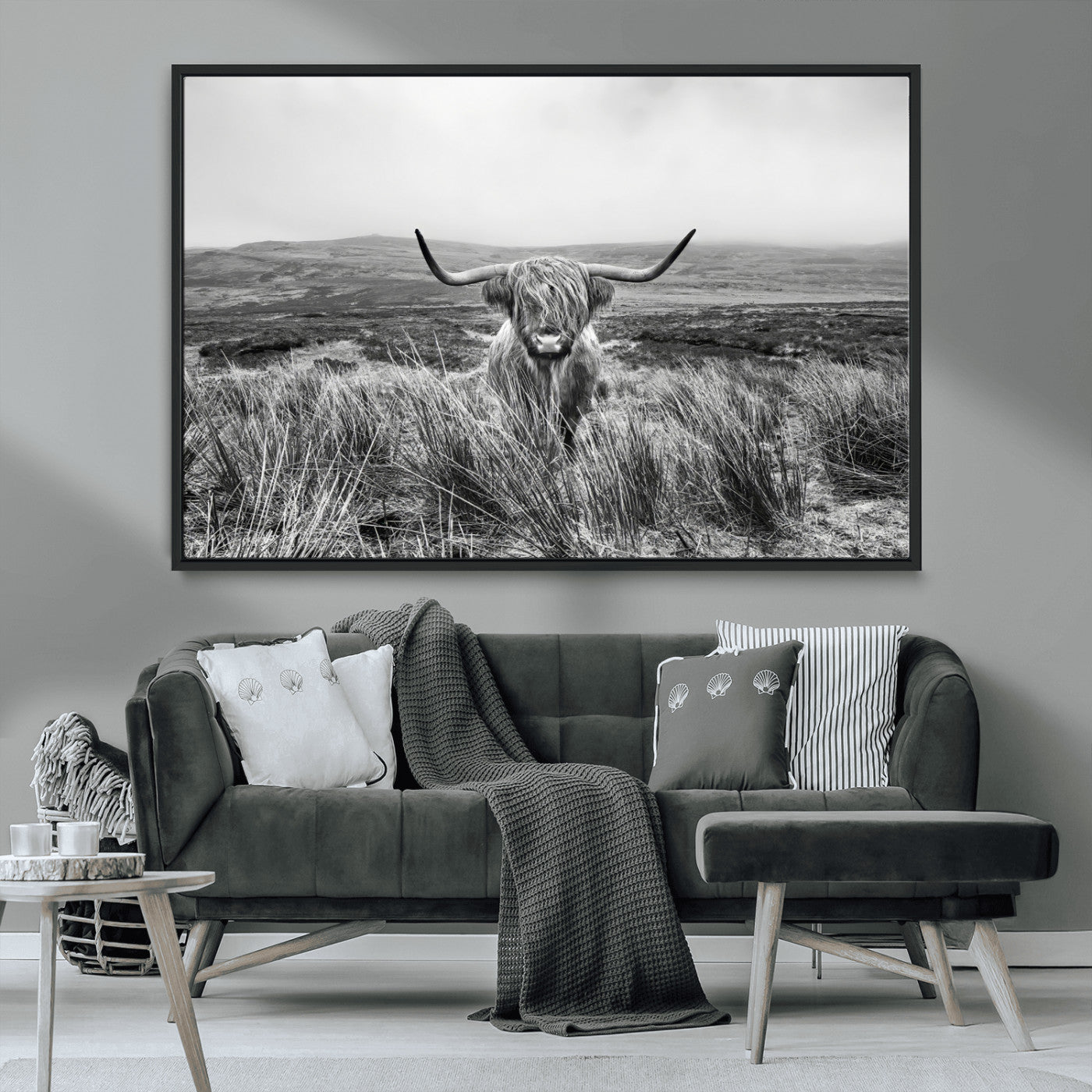 MGV-FC-36X24 - Monochrome Highland Cow Wall Art Canvas Print, Framed Scottish Bull Art Picture Print, Lone Cattle Perfect Rustic Farmhouse Decor Artwork
