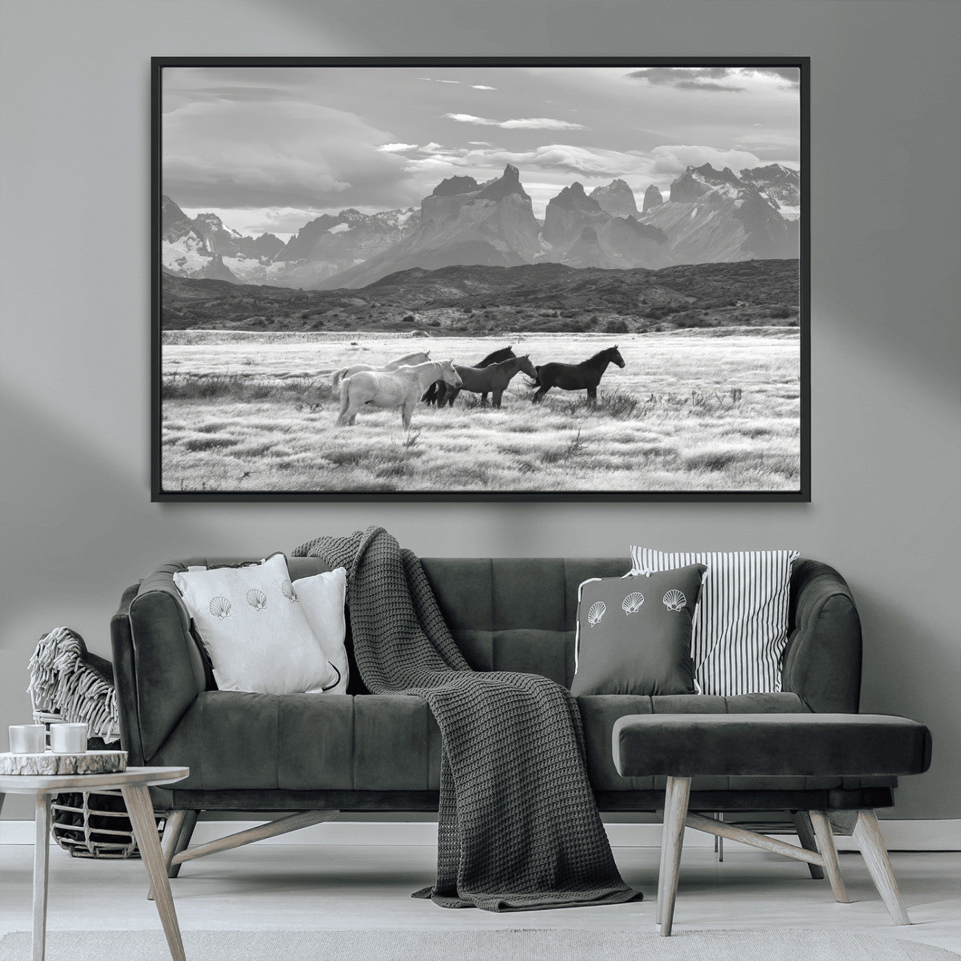 MGV-FC-36X24 - Wild Horses Wall Art Canvas Print, Framed Black White Mountains Art Picture Print, Rustic Countryside Perfect Rustic Western Decor Artwork