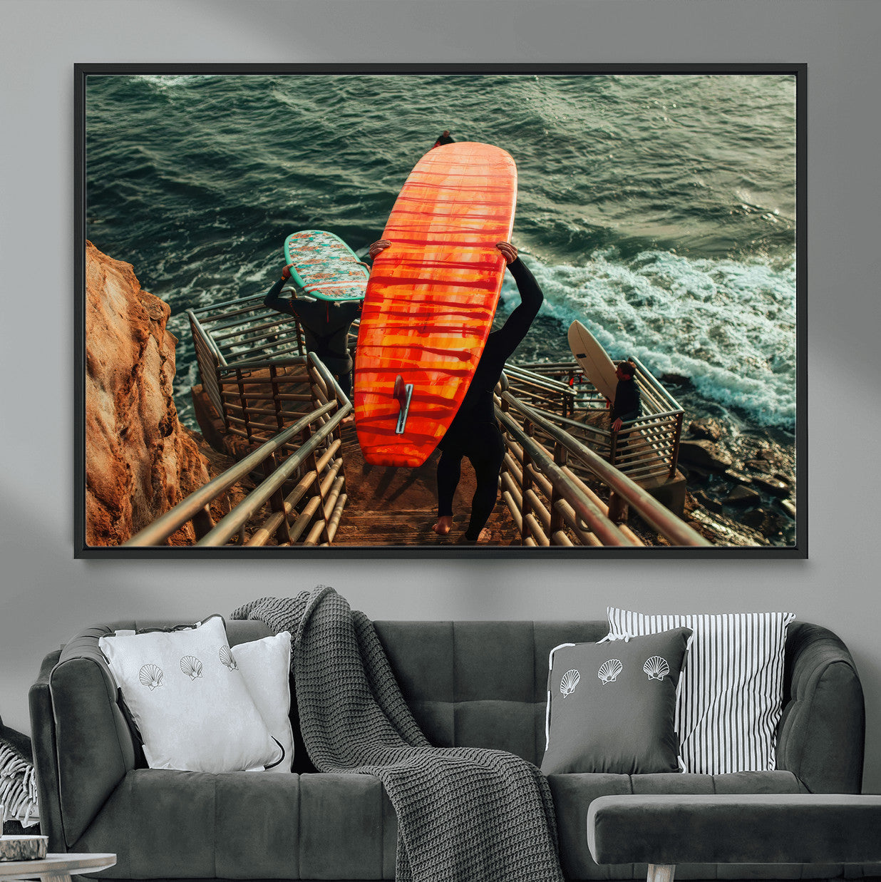 84555848-MGV-CV-36X24-Surfer Stairway Wall Art – Framed Ocean Surf Canvas Artwork, Sunset Coastal Design, Adventure Decor for Home, Office