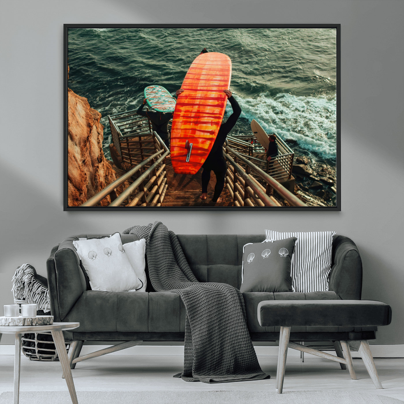 MGV-FC-36X24 - Surfer Stairway Wall Art Canvas Print, Framed Ocean Surf Art Picture Print, Sunset Coastal Perfect Coastal Adventure Decor Artwork